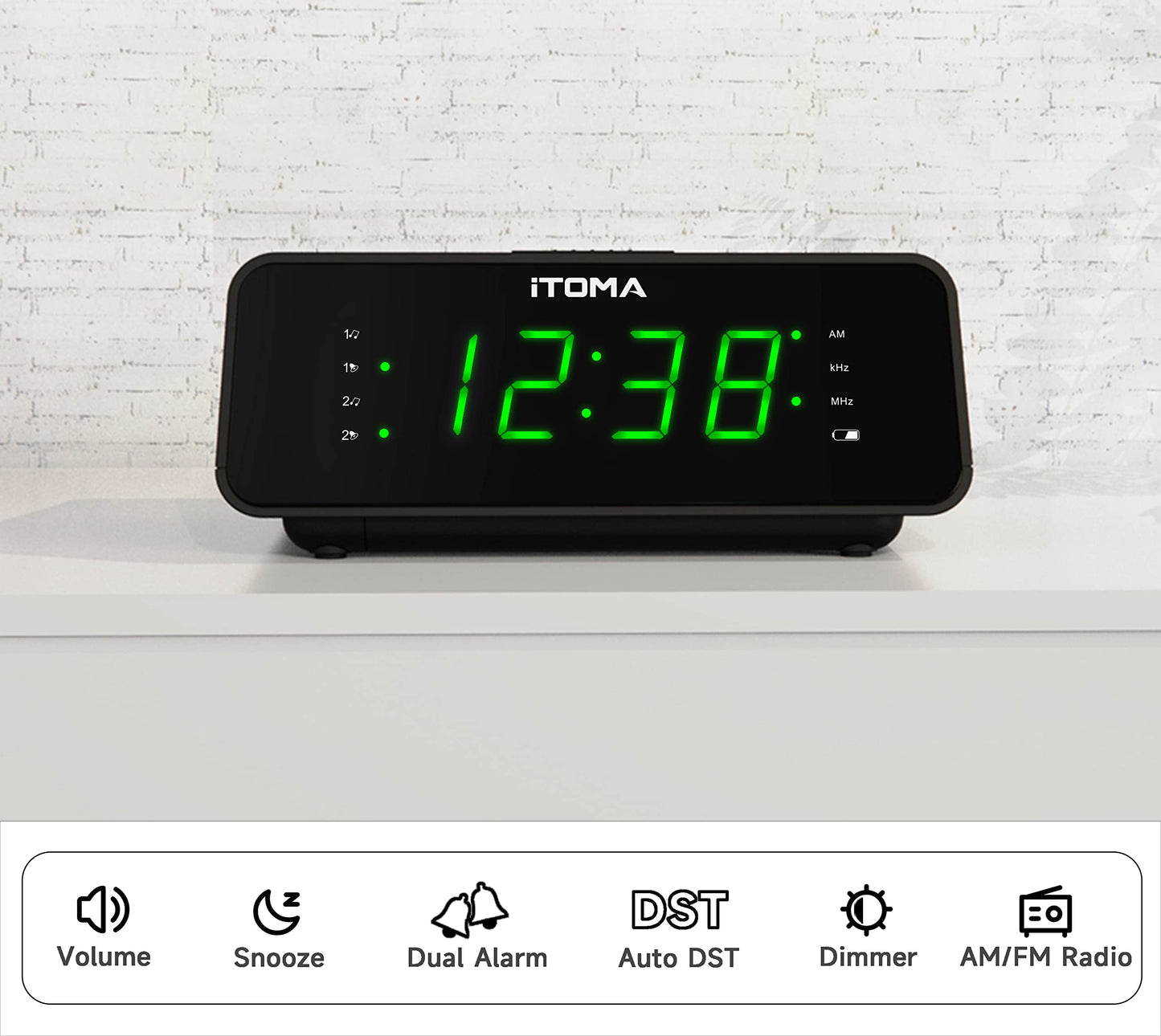 Alarm Clock with AM/FM Radio, 4-Level Dimmer, Snooze, Dual Alarms, Sleep Timer and Easy to Read 0.9" LED Jade Green Display iTOMA 2100