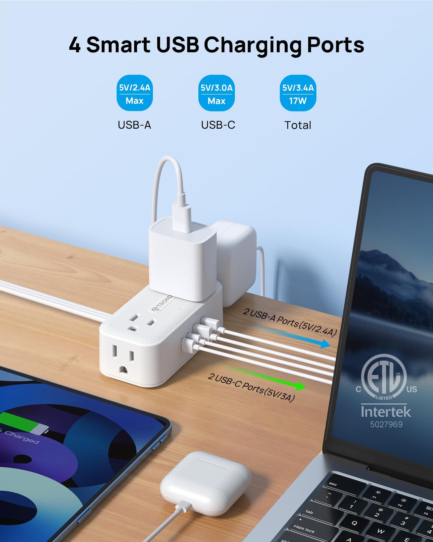 TROND 360° Rotating Flat Plug Power Bar with USB C, 10ft Slim Extension Cord Indoor, 4 Widely Spaced Outlets, 900J Surge Protector, Small Outlet Extender for Home Office Dorm Travel Essentials, White