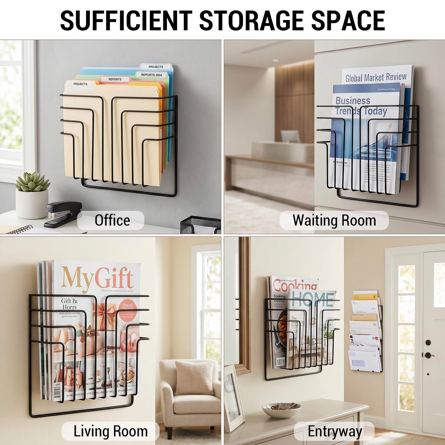 MyGift Modern Design Black Metal Wire Wall Mounted Magazine and File Folder Holder Organizer Rack