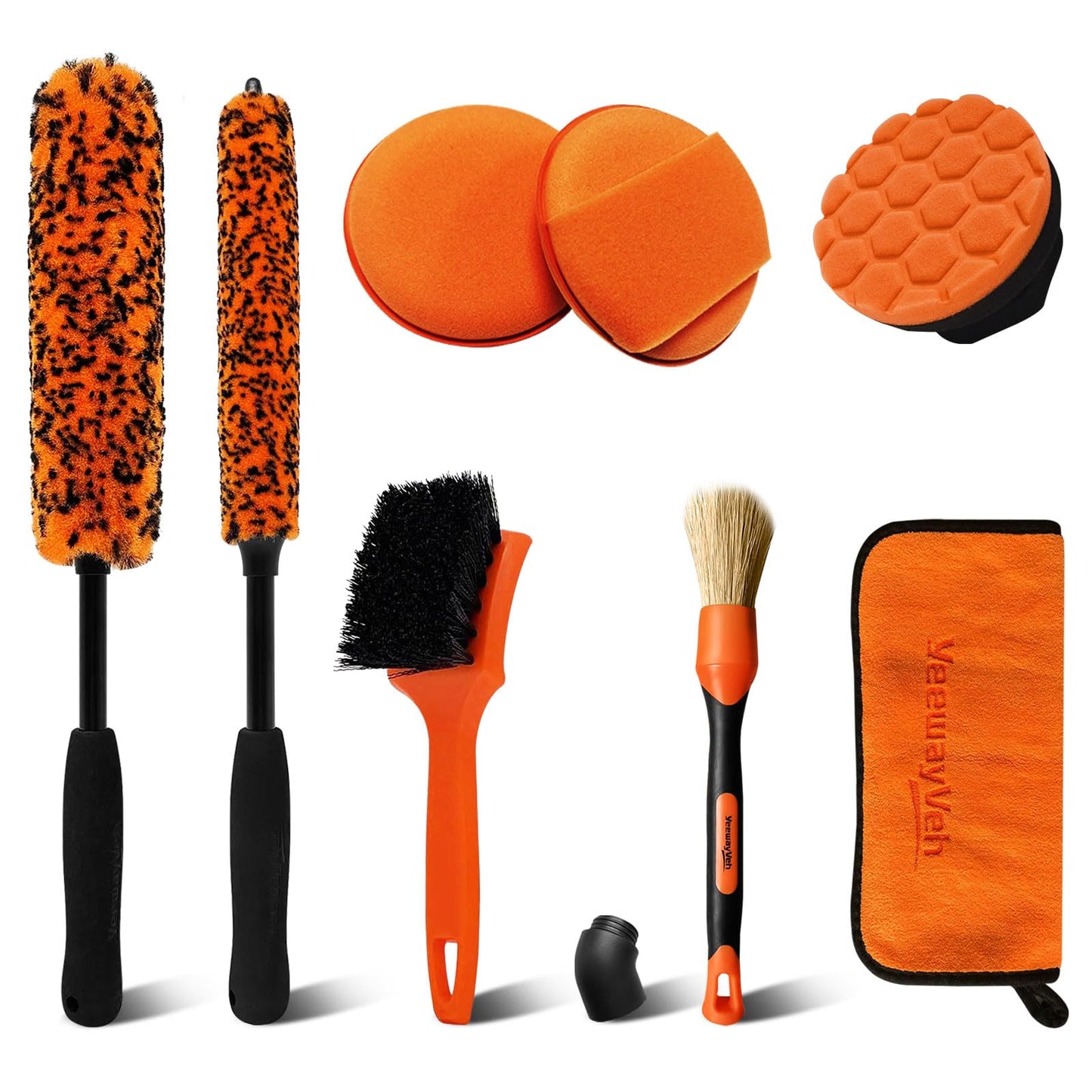 YeewayVeh 8PCS Wheel Brush Kit, Pro Synthetic Wool Rim Cleaner & Tire Brush Set, Scratch-Free Bendable Wheel Cleaning Brushes for Rims & Spokes, with Tire Shine Applicator & Detailing Brush, Orange