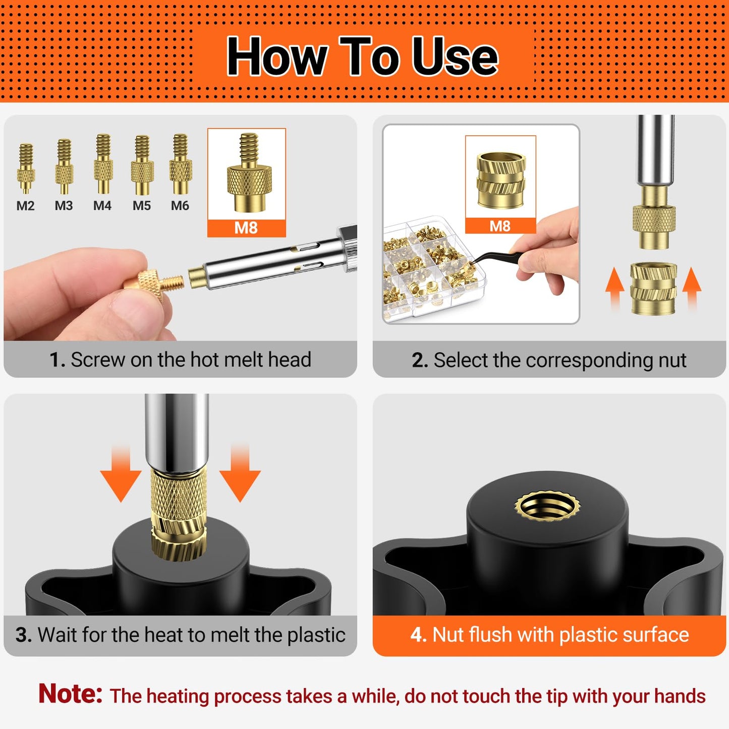 Preciva Heat-Set Insert Tip Set - Soldering Iron with 350Pcs Thread Inserts, 6Pcs Heat-Set Insert Tips (M2 M3 M4 M5 M6 M8), 2Pcs Soldering Tip Connecting Rods and 1Pc Tweezers