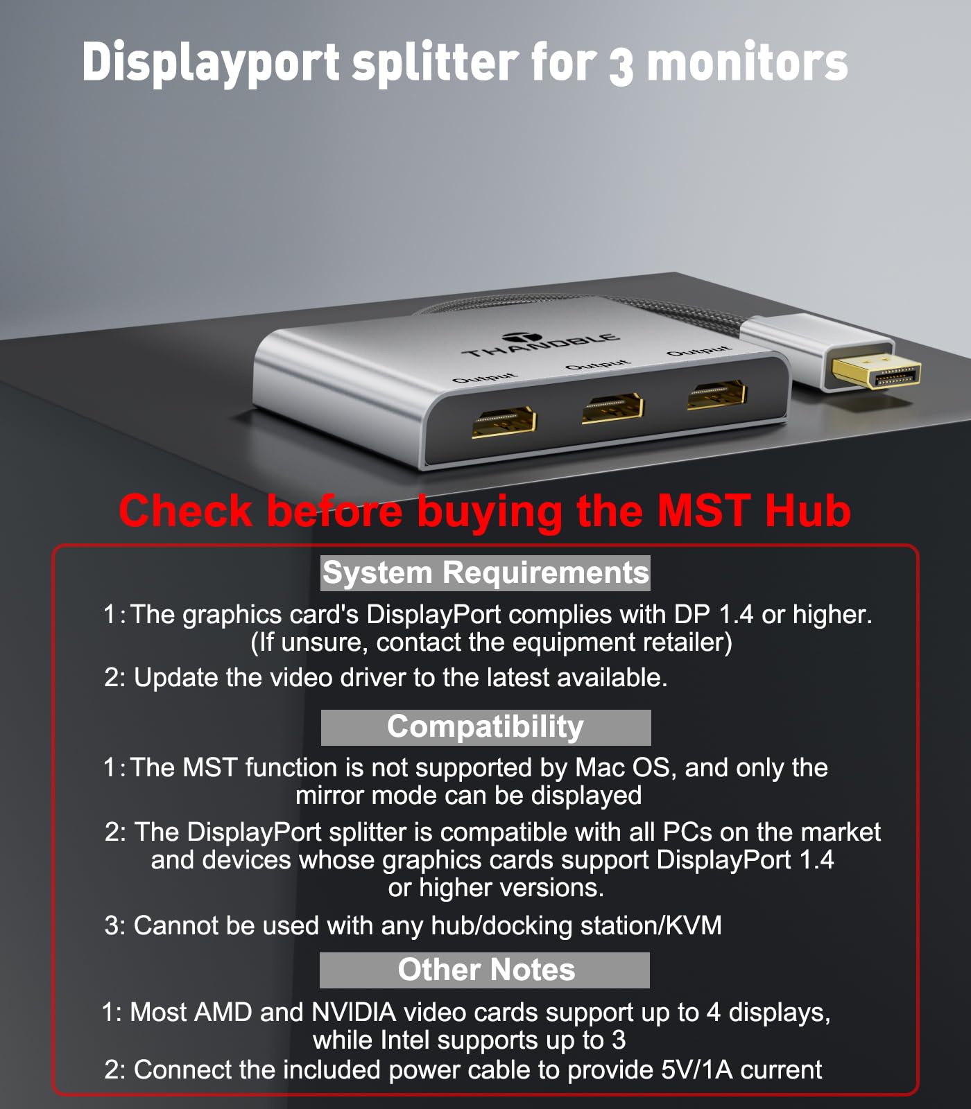 THANDBLE DisplayPort to HDMI Splitter for Multi Monitor Adapter, HDMI Splitter Extended Display 1 in 3 Out MST Hub (4K@60Hz) for Extended or Cloned Display Mode, DP to 3X HDMI Port with PC, NVIDIA AMD