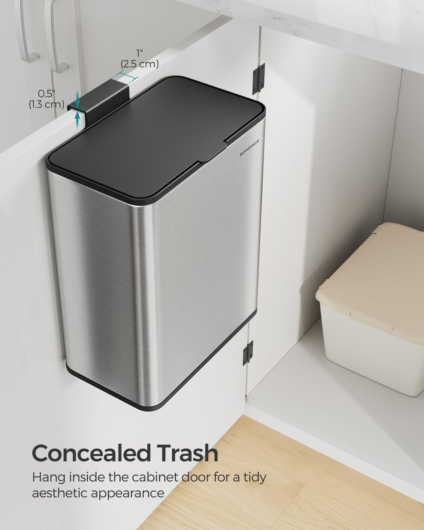 SONGMICS Hanging Trash Can, 2.1-Gallon (8 L) Kitchen Garbage Can with Lid, Cabinet Door Hanging or Wall-Mounted with Hooks, for Under Sink, Bathrooms, Metallic Silver ULTB810E08