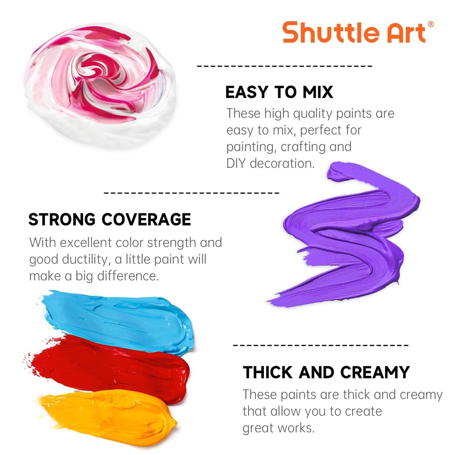 Shuttle Art Acrylic Paint, 24 Colors Acrylic Paint Bottle Set, 250ml/8.45oz Each, Rich Pigments, High Viscosity, Bulk Paint for Artists, Beginners and Kids Painting on Rocks Crafts Canvas Wood Ceramic