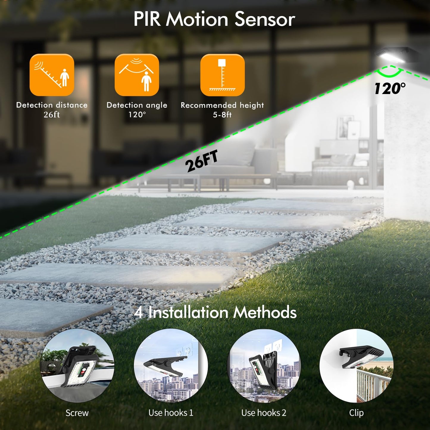 Clip On Solar Motion Lights Outdoor Waterproof, 800LM, 70 LED, 3 Color Temperature, USB & Remote Control, 2 Pack Portable Solar Powered Light Outside for Gutters Fence Garage Camping