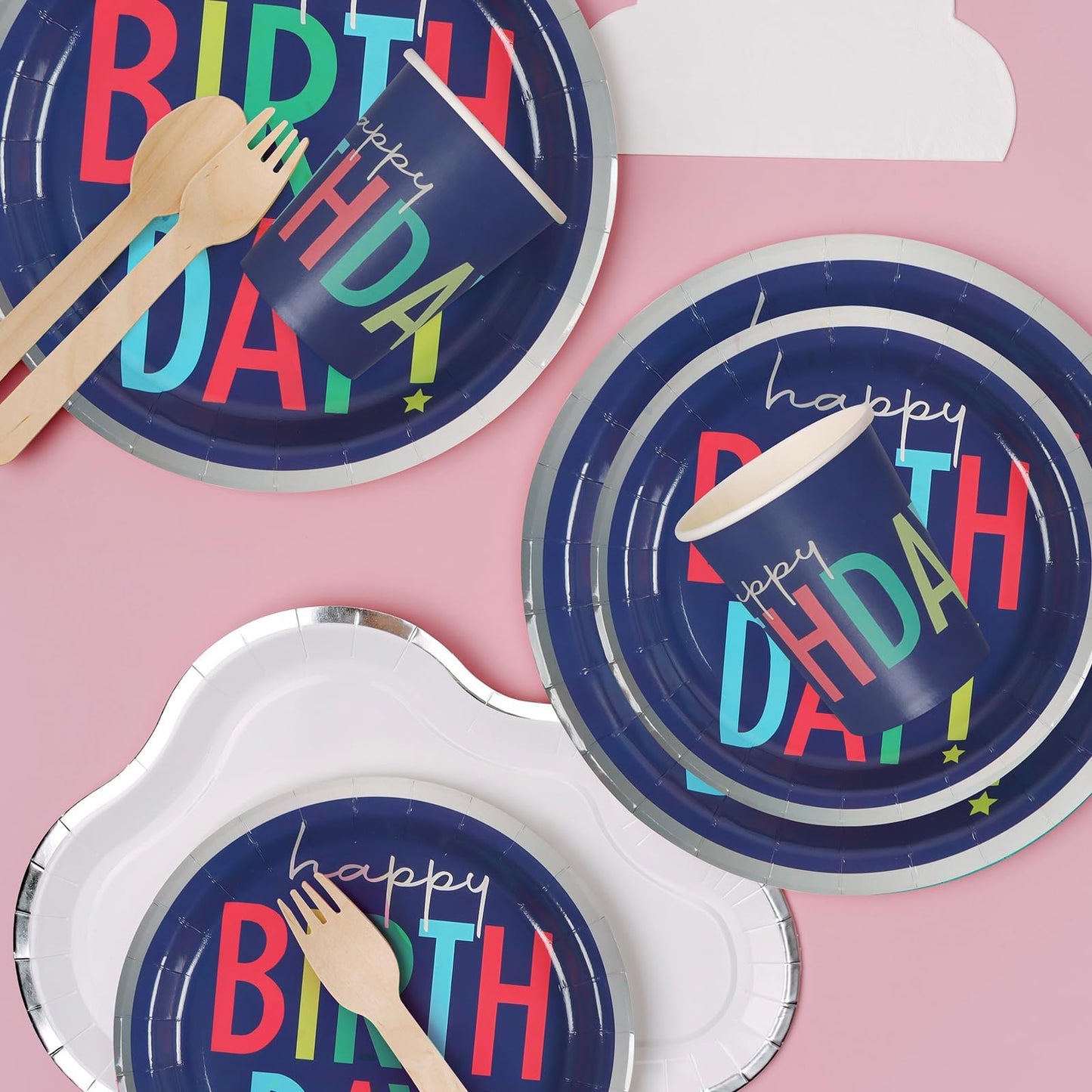 UVTQSSP 96 Pcs Party Plates and Cups and Napkins Sets, Birthday Paper Plates and Napkins, Disposable Tableware Set, Party Supplies for Kids Happy Birthday, Serve for 24, Blue Colorful Design