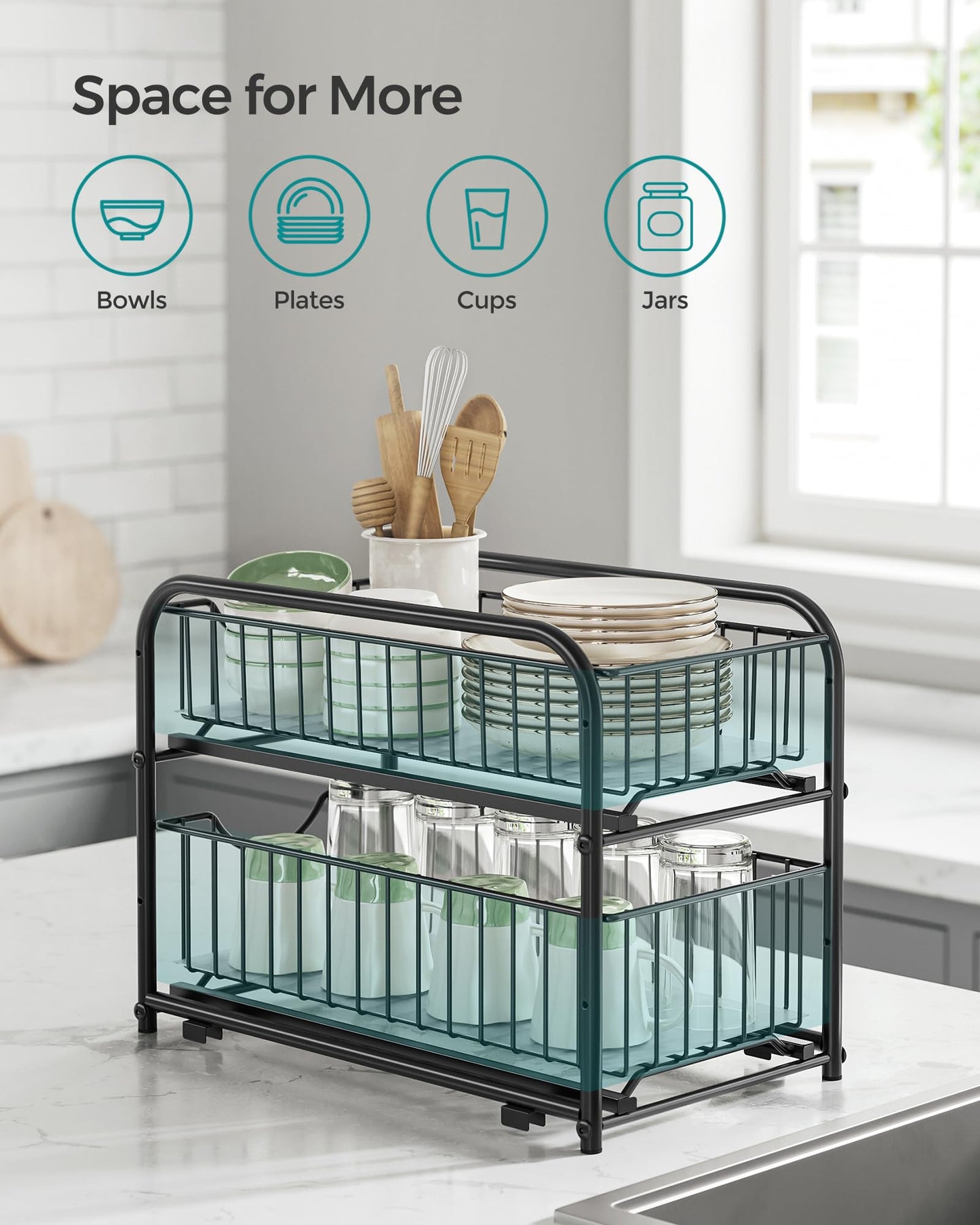 SONGMICS Pull Out Cabinet Organizer, 2-Tier Stackable Bathroom Organizer and Storage, 2 Sliding Basket Drawers, Cabinet Organizer for Kitchen, Bathroom, Ink Black UKCS017B01