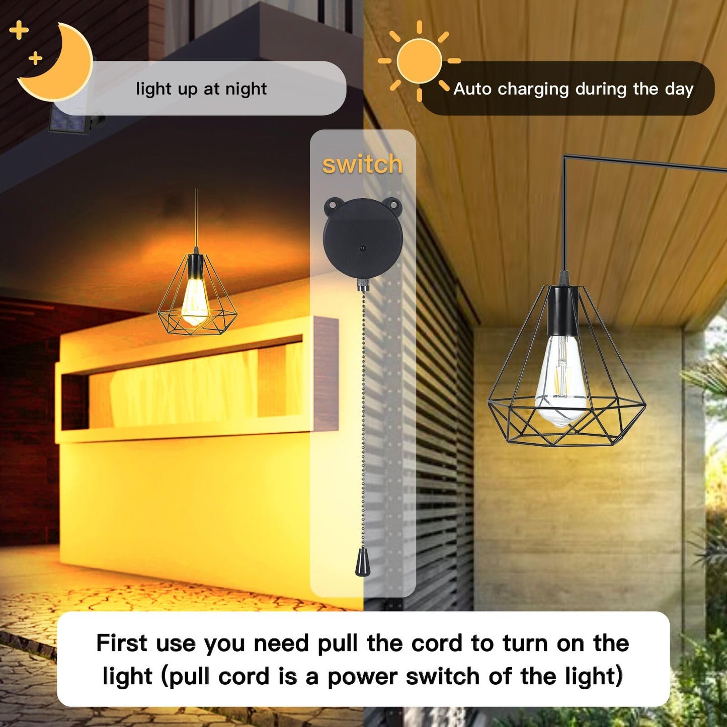 YUMAMEI Solar Pendant Lights, Solar Powered Shed Light with Pull Cord and Remote for Outdoor Indoor, Solar Chandelier, Gazebo Lights with Adjustable Solar Panel for Yard Patio Balcony Barn Garage