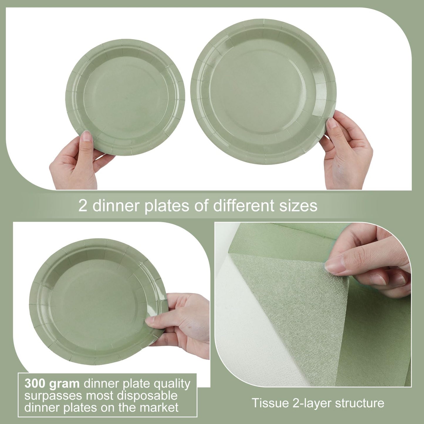 Dandat 200 Pcs Sage Green Paper Plates and Napkins Set, Disposable Dinnerware Includes 7'' & 9'' Paper Plates, Cups, Napkins for Birthday, Baby Shower, Wedding Party(Sage Green)