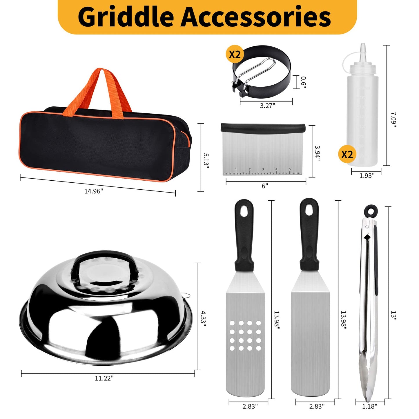 Onlyflame 10PCS Professional BBQ Griddle Tool Kit for Flat Top Grill - Stainless Steel & Plastic Accessories with Carry Bag