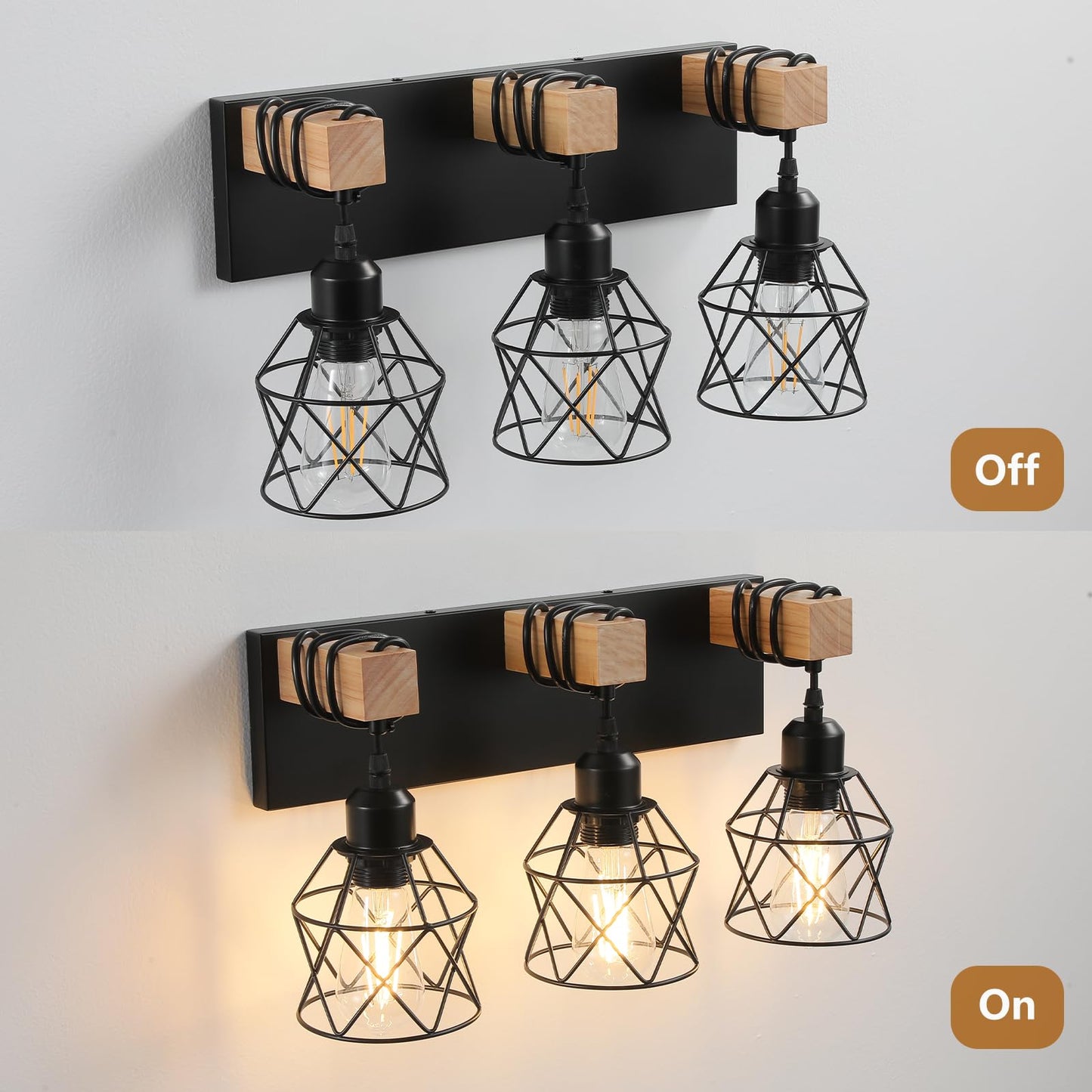 Farmhouse Vanity Light Fixture,3-Light Bathroom Lighting,Black Industrial Wood Wall Light Over Mirror with Metal Shade,Bulbs NOT Included