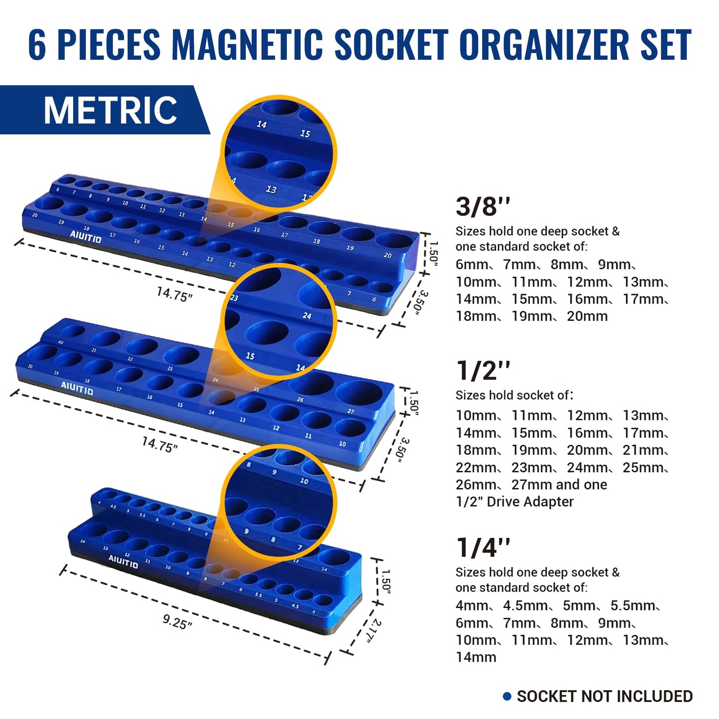 6-Piece Magnetic Socket Organizer Set, Magnetic Socket Holder Includes 1/4", 3/8", 1/2" Drive Metric SAE Socket Trays, Holds 143 Pieces Standard and Deep Sockets(Socket not Included)