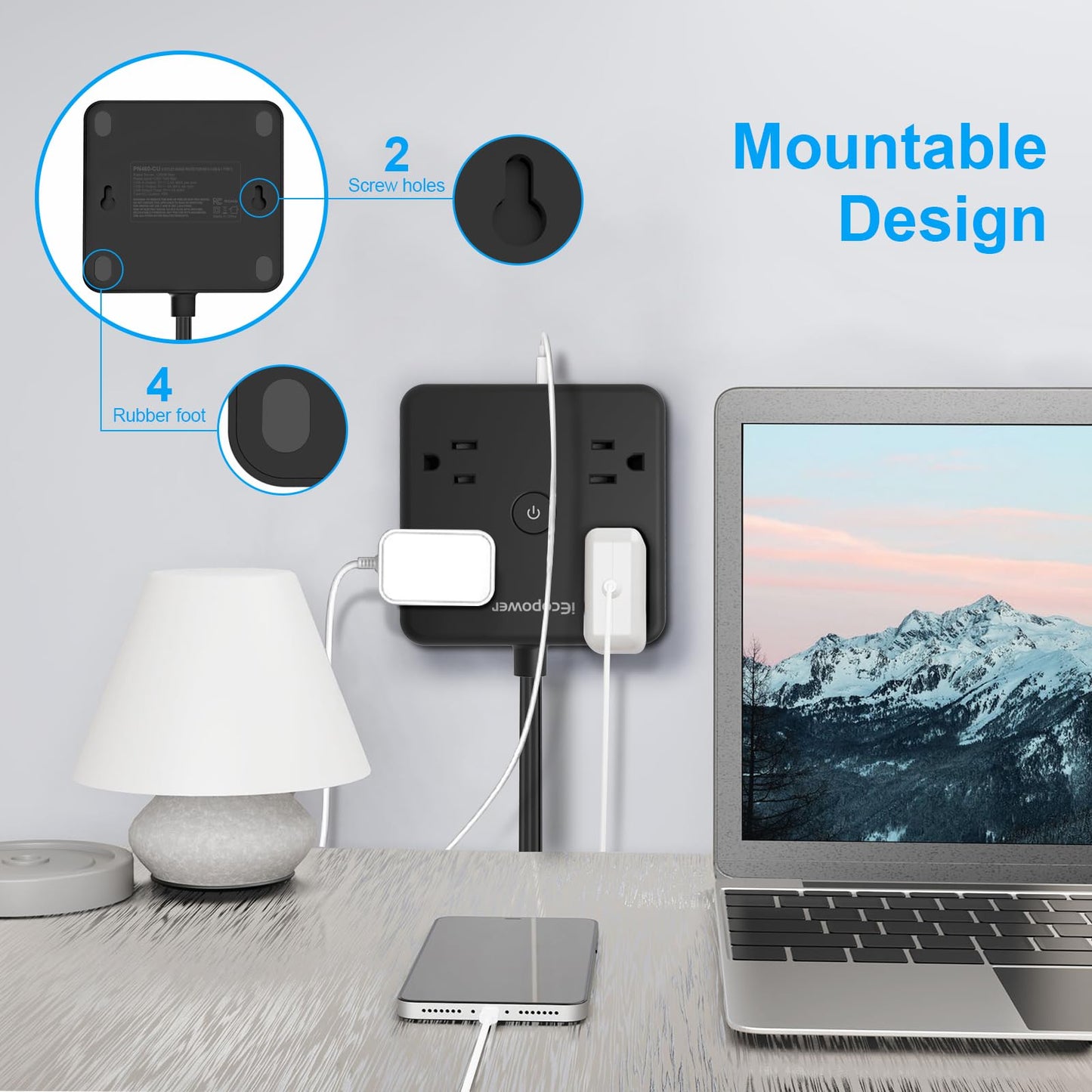 2 Pack Ultra Flat Plug Power Bar,Power Bars with Surge Protection-4 Widely Outlets,6 ft Flat Plug Extension Cord with 3 USB Ports(1 USB C Port),Slim Desk Charging Station,Black