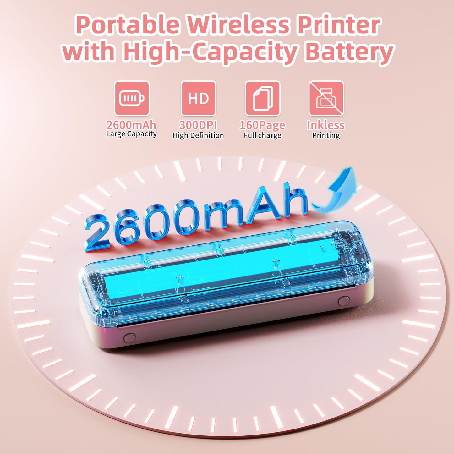 Phomemo M834 Portable Printer Wireless for Travel, Support Multi-Size Thermal Paper,Bluetooth Thermal Printer Compatible with Phone&Laptops,Inkless Printer for Home Use,Office,Pink
