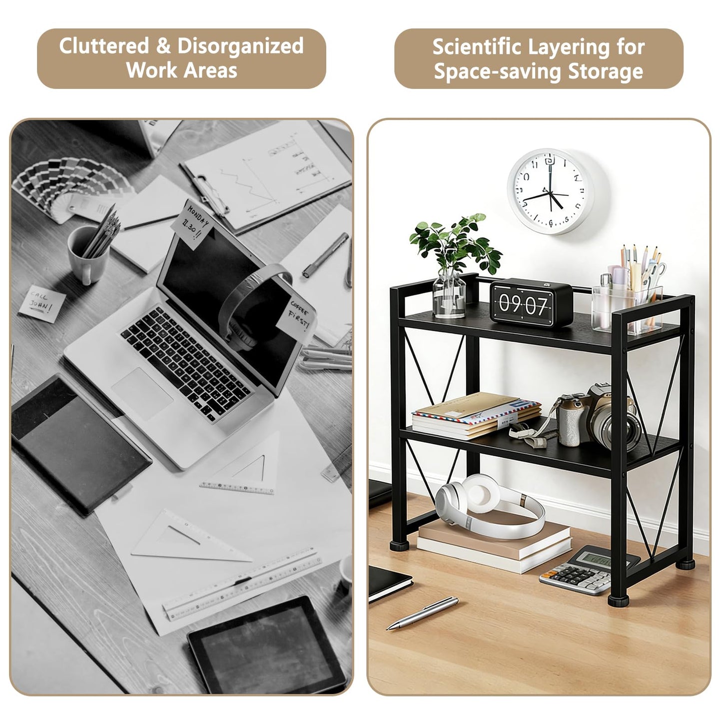 VSIWB Desktop Organizer Shelf, 2 Tiers Desk Organizers and Storage, Countertop Organizer Desktop Bookshelf, Metal and Wooden Desk Storage Shelf, Desk Shelf for Home Office Coffee Bar Bedroom Kitchen