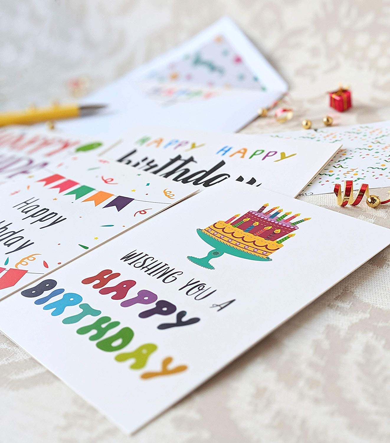 100 Happy Birthday Cards, Large Assorted Greeting Notes with Envelopes and Stickers, 10 Unique Designs, 5x7 Inch, Thick Card Stock Bulk Box Set
