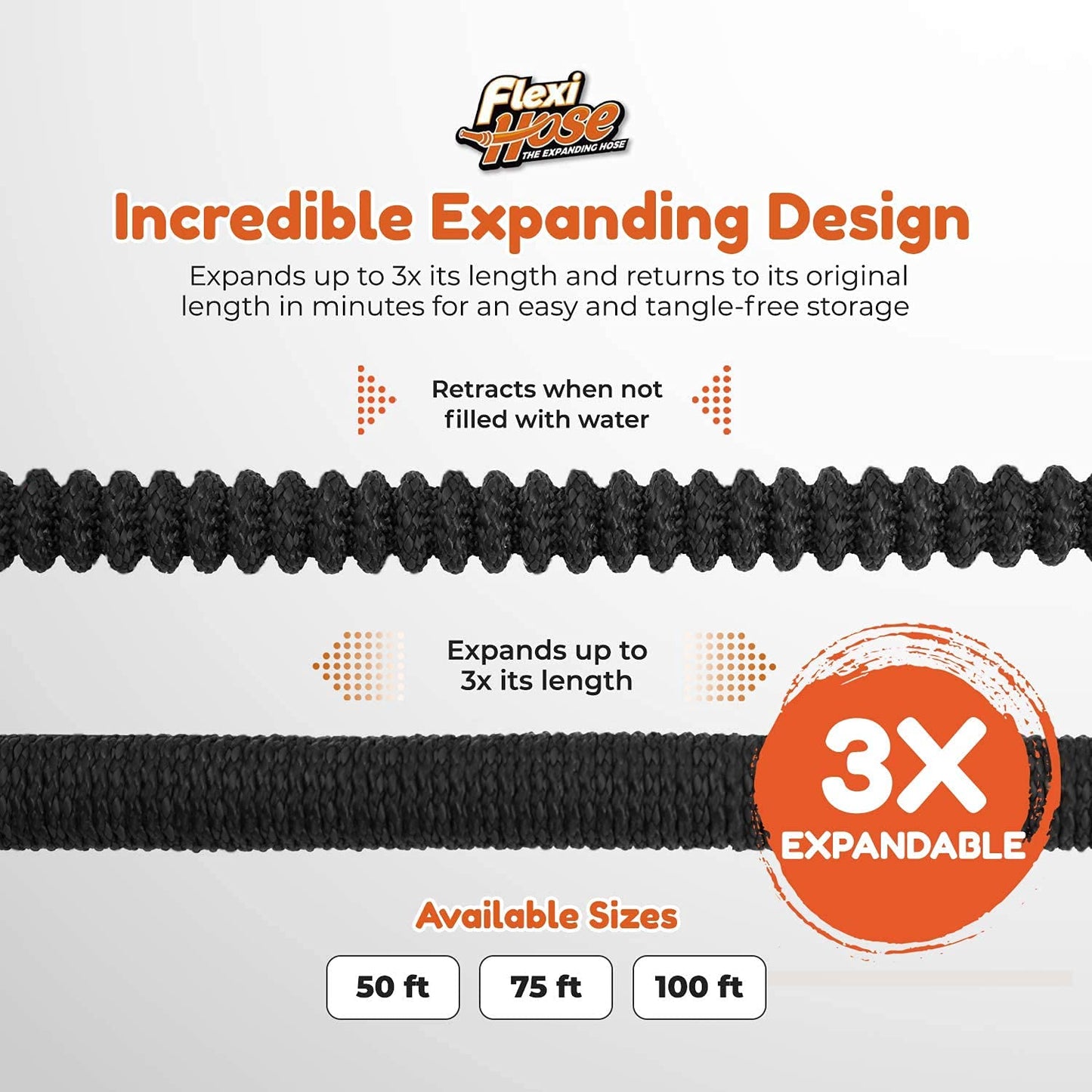 Flexi Hose Plus with 8 Function Nozzle Expandable Garden Hose, Lightweight & No-Kink Flexible Garden Hose, 3/4 inch Solid Brass Fittings and Double Latex Core, 50 ft Black