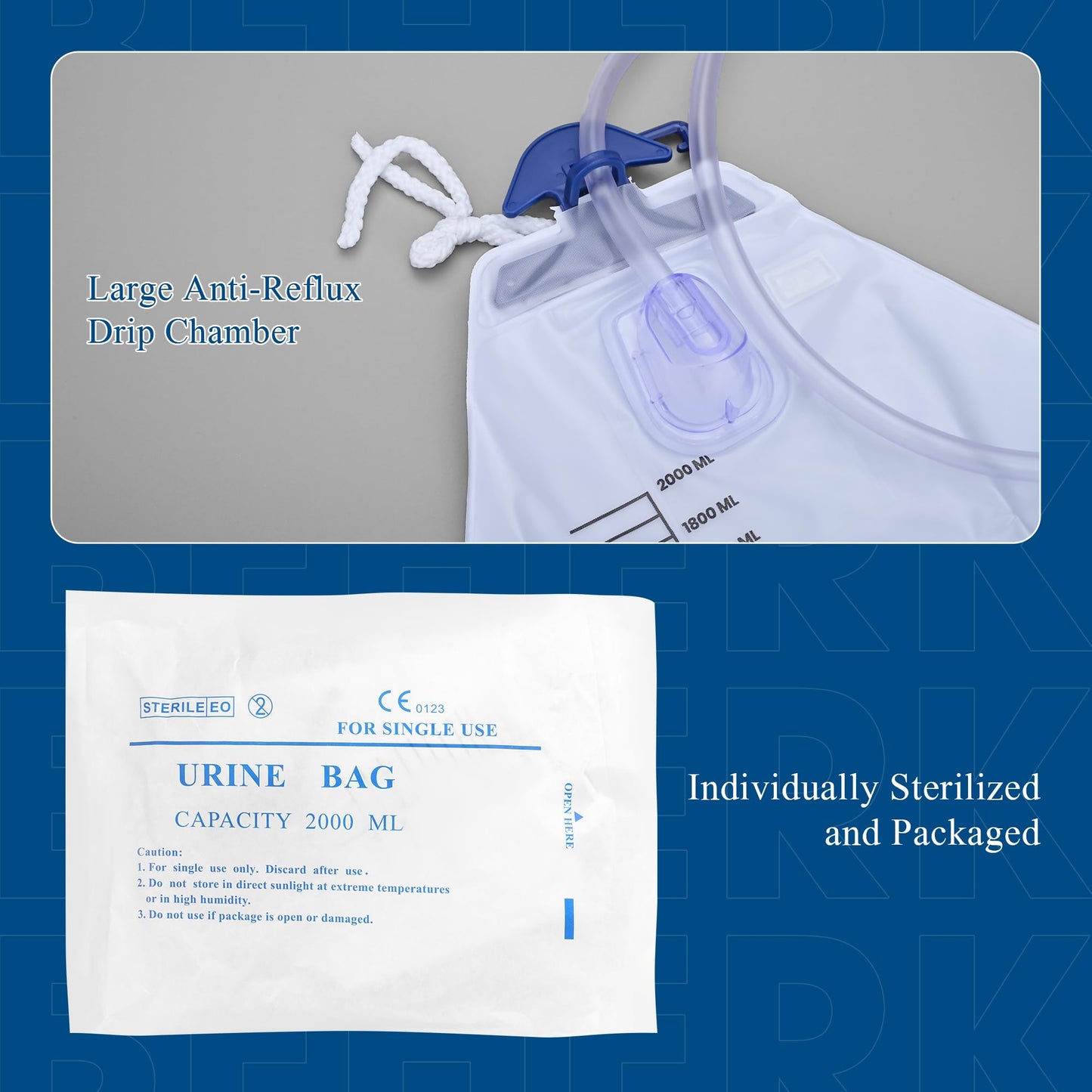 5 Pack BeHerk Catheter Bags for Men and Women, 2000mL Professional Urinary Drainage Bag with Anti-Reflux Drip Chamber, 48” Overnight Drainage Tube, Adjustable Clips & Hanging Hook