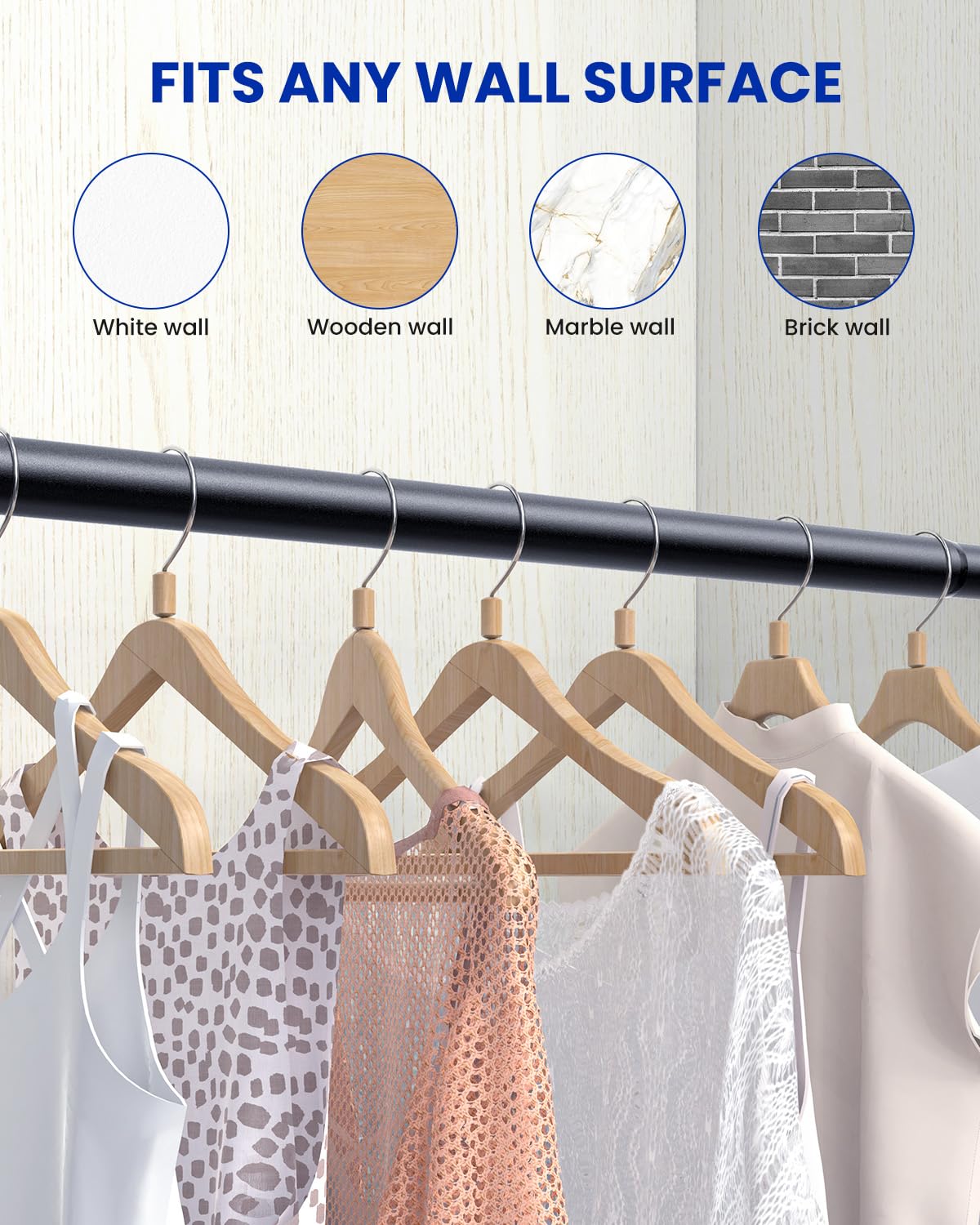 Closet Rods for Hanging Clothes, 17-84 inches Stepless Adjustable Metal Closet Rod, 1.3 Inches Heavy Duty Clothes Hanging Rod for Closet Wardrobes Laundry RV, Black