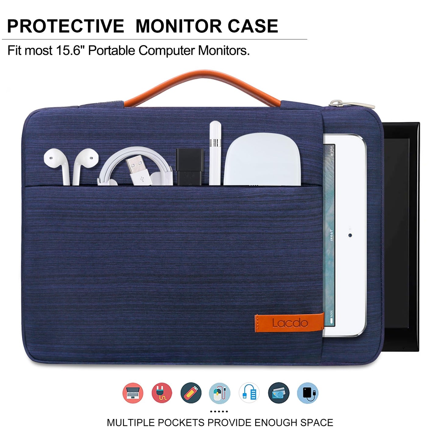 Lacdo 15.6 inch Portable Monitor Case - Protective Carrying Sleeve Bag with Accessory Pocket, Blue