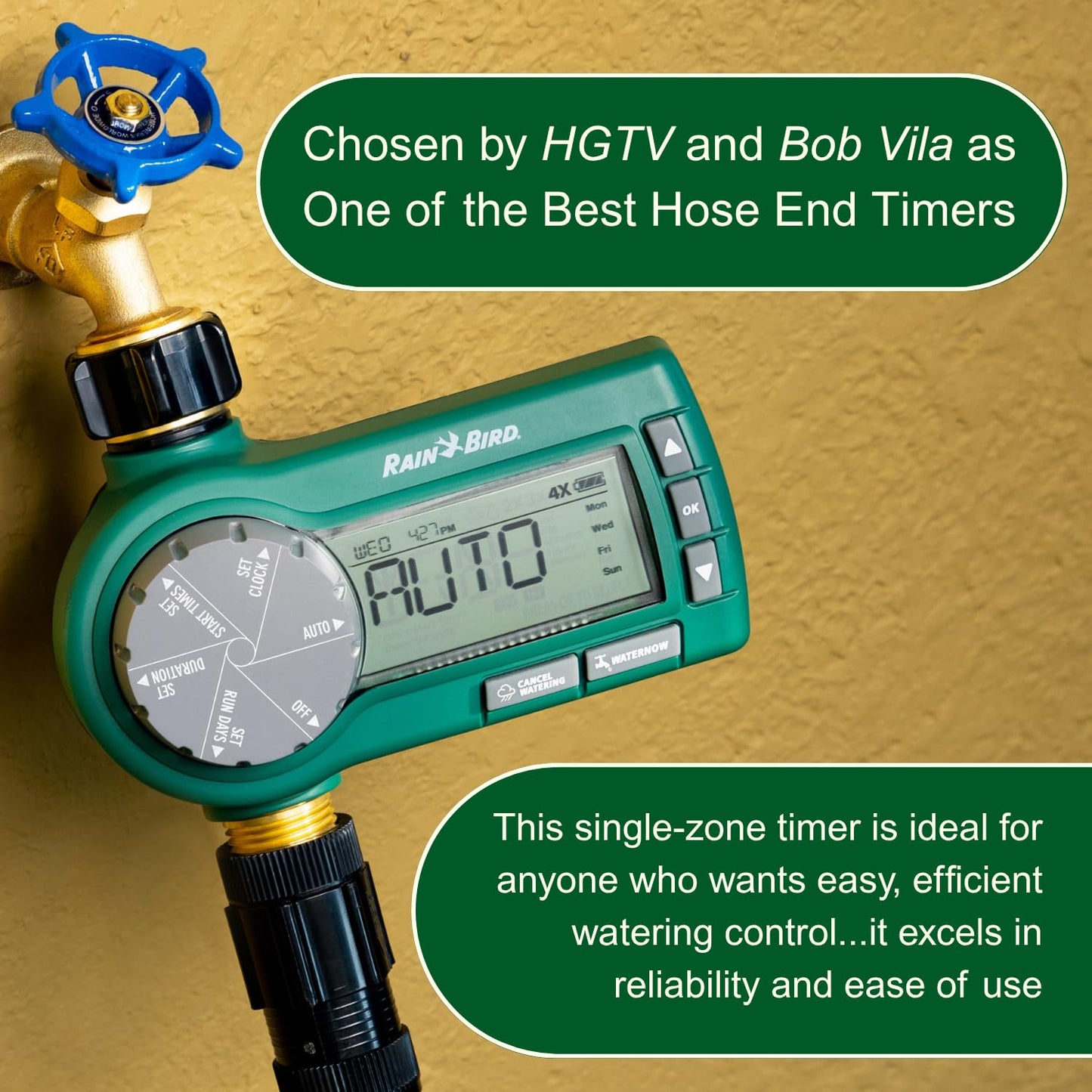 Rain Bird 1ZEHTMRP Premium Pro-Grade Electronic Digital Hose End Timer/Controller, One Zone/Station, Battery Operated, Brass Inlet/Outlet, Green