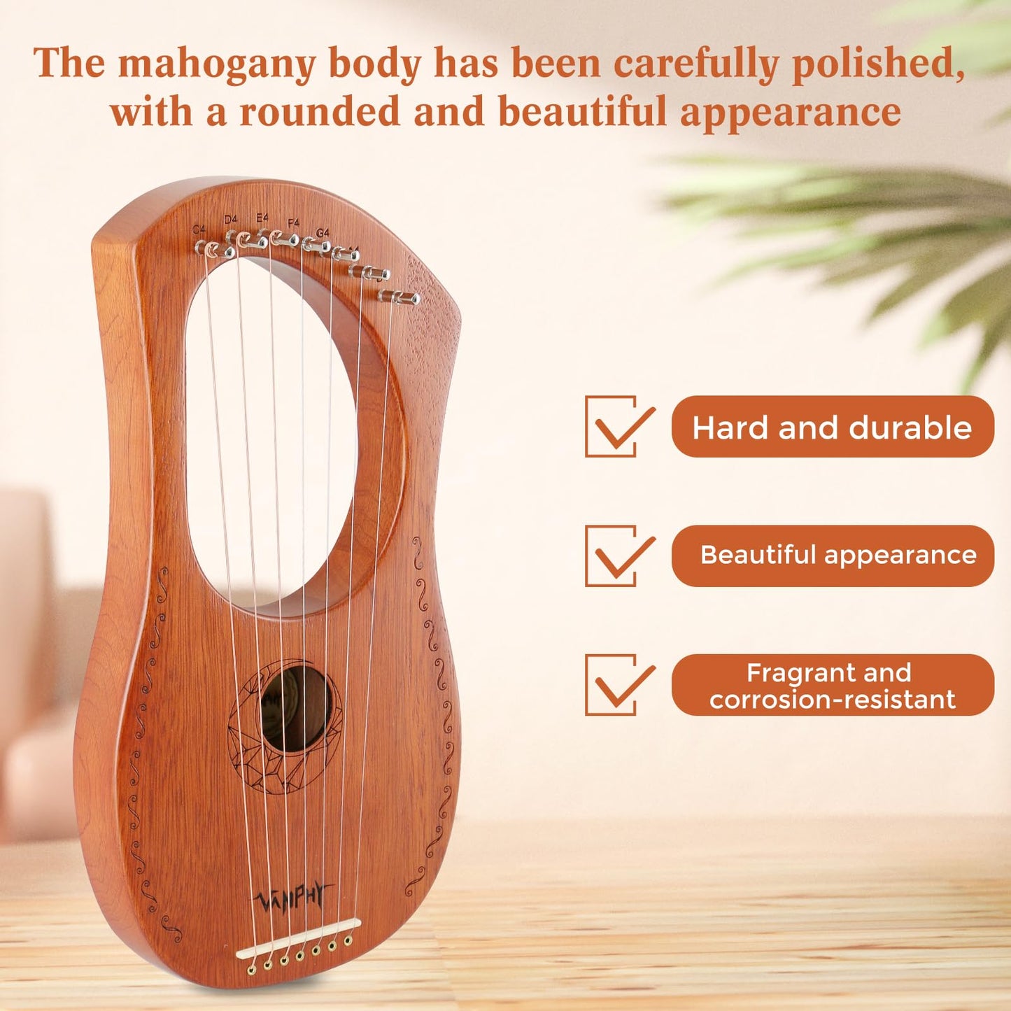 Lyre Harp VANPHY Lyre Harp 7 Strings Mahogany Body Metal String for Beginner Harps Classical Style Harp Instrument with Tuning Wrench Strings Gig Bag (Wood)