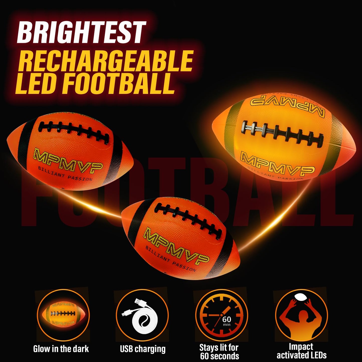 Glow in The Dark Football Junior - Light Up Football LED Size 6 Outdoor Sports Ball Games Teenage Toy 8-12 Yr Old Boys Birthday Gift Kid Teen Youth Cool Stuff Age 8 9 10 11 12 Activity Night Idea
