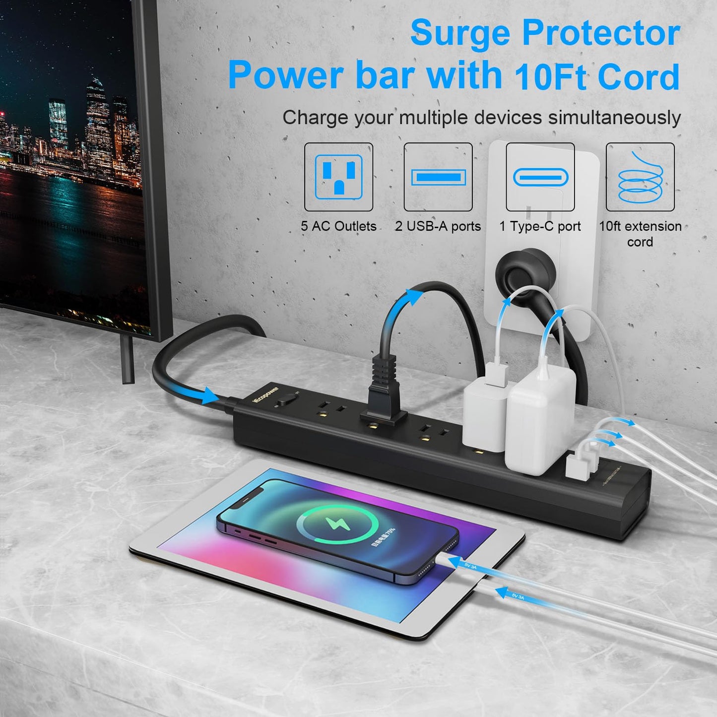 10FT Extension Cord Power Bar -Surge Protector Power bar with 5 Widely Outlets and 3 USB Ports(1 USB C Port),Flat Plug Extension Cord(1250W/10A),Wall Mount for Home Office,700 J(2 Pack)