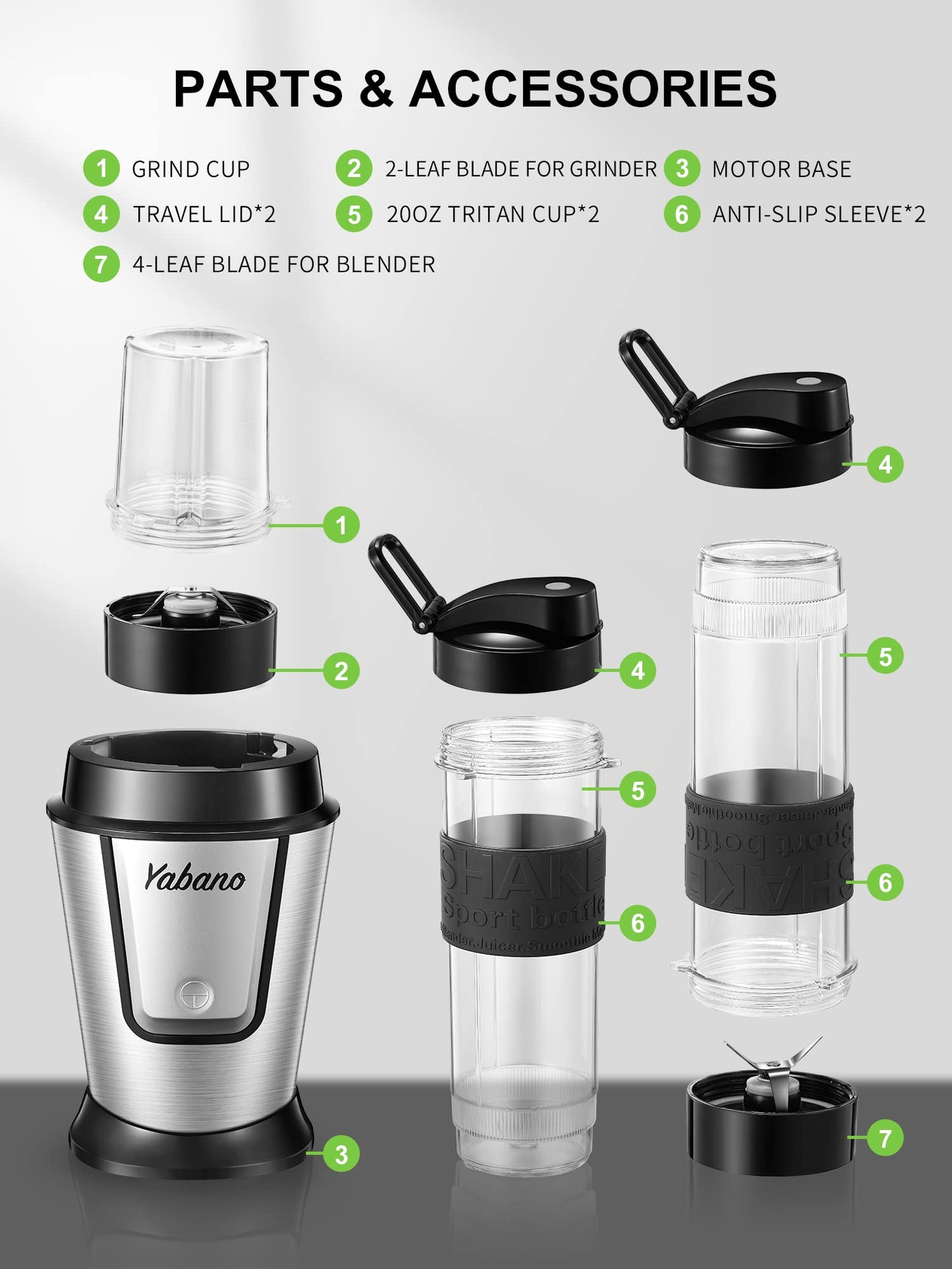 Yabano Personal Blender with 2 x 20oz Travel Bottle and Coffee/Spices Jar, Portable Smoothie Blender and Coffee Grinder in One, 500W Single Serve Blender for Shakes and Smoothies, BPA free (Black)