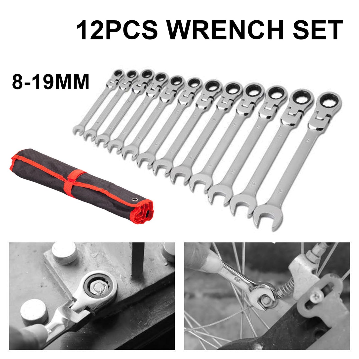 12-Piece Flex-Head Ratcheting Wrench Set Metric, 8-19mm, 72-Teeth Ratcheting Wrench, Cr-V Combination Wrench with Organizer Bag