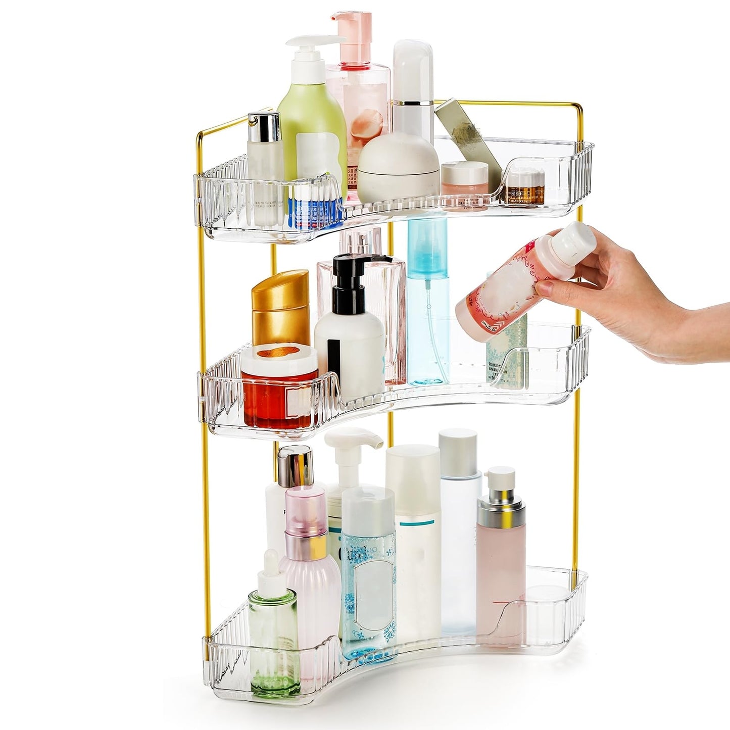 Cididu 3 Tiers Corner Bathroom Counter Organizer, Clear Countertop Shelf Storage Rack, Cosmetic Perfume Tray Standing Holder with Gold Metal Pole, Skincare Sink Organizer for Vanity Kitchen