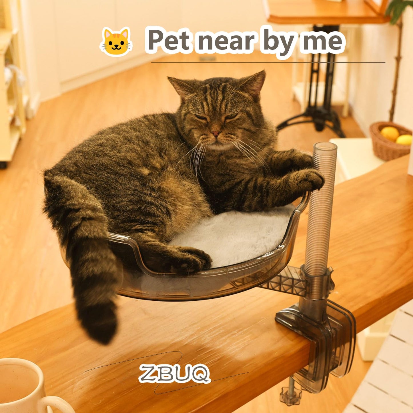 Cat Bed Desk with Pet Mat, Cat Hammock for Desk with Bowl, 360° Rotation and Adjustable Height, Transparent Gray