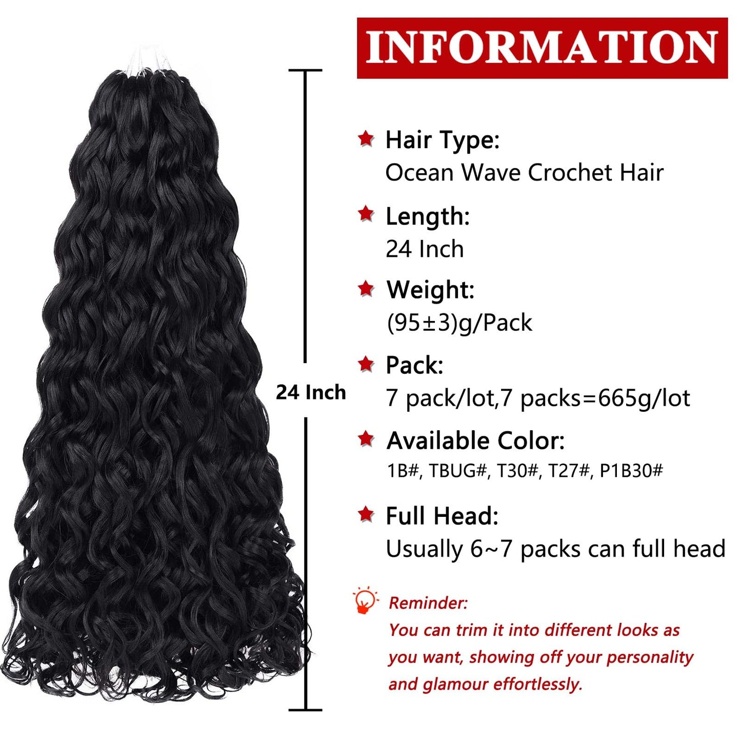 24 Inch Ocean Wave Crochet Hair 7packs Boho Style Hawaii Curly Dark Brown Crochet Braids Beach Curl Synthetic Braiding Hair for Black Women Extensions (24 Inch, 1B)
