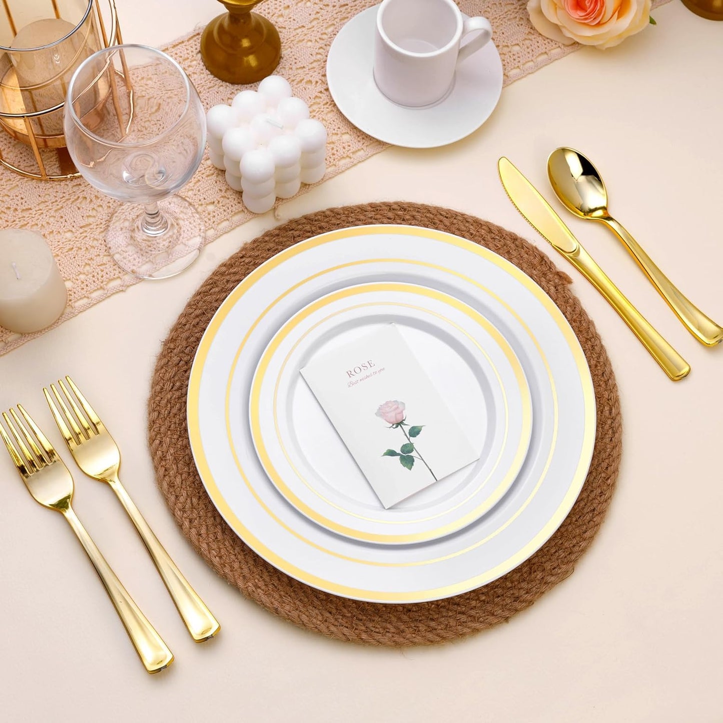 Goodluck 100PCS Gold Plastic Plates, 10.25 Inch Disposable Dinner Plate Party with Gold Rim, Heavy Duty Disposable Plastic Plates for Party, Wedding and Birthday