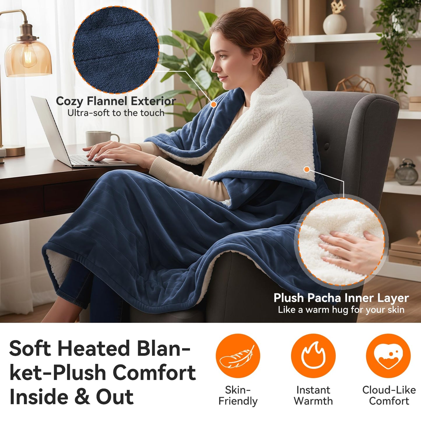 Qoosea Heated Blanket Throw Electric Blanket Twin Throw 50 * 60 inch with 9 Heating Levels 9 Timer Settings Auto Shut Off Soft Flannel Heating Blanket Wrap Warm for Home Office Room Blue