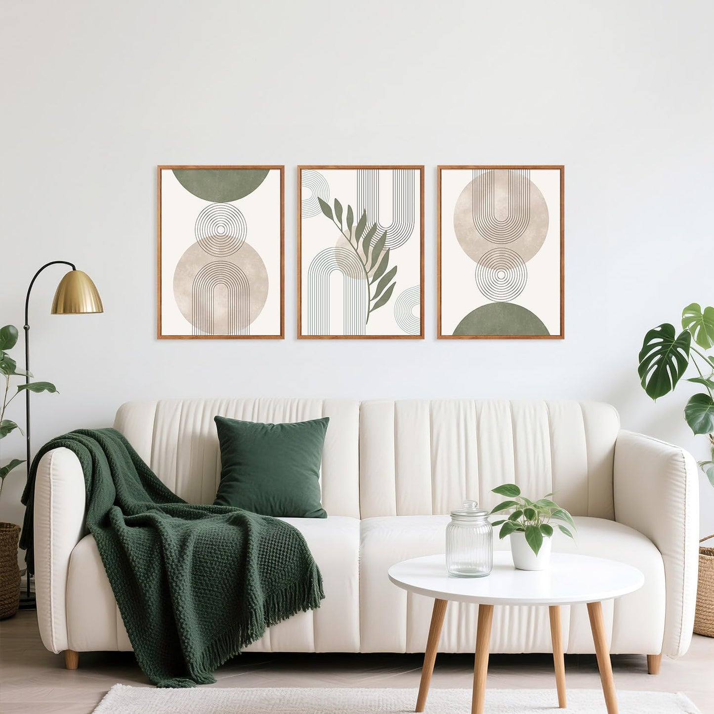 HPINUB Sage Green Boho Framed Canvas Wall Art Set, (Set of 3,12X16 Inch) Minimalist Beige Green Botanical Wall Decor, Abstract Geometric Line Leaf Painting for Living Room,Bedroom,Office Decor