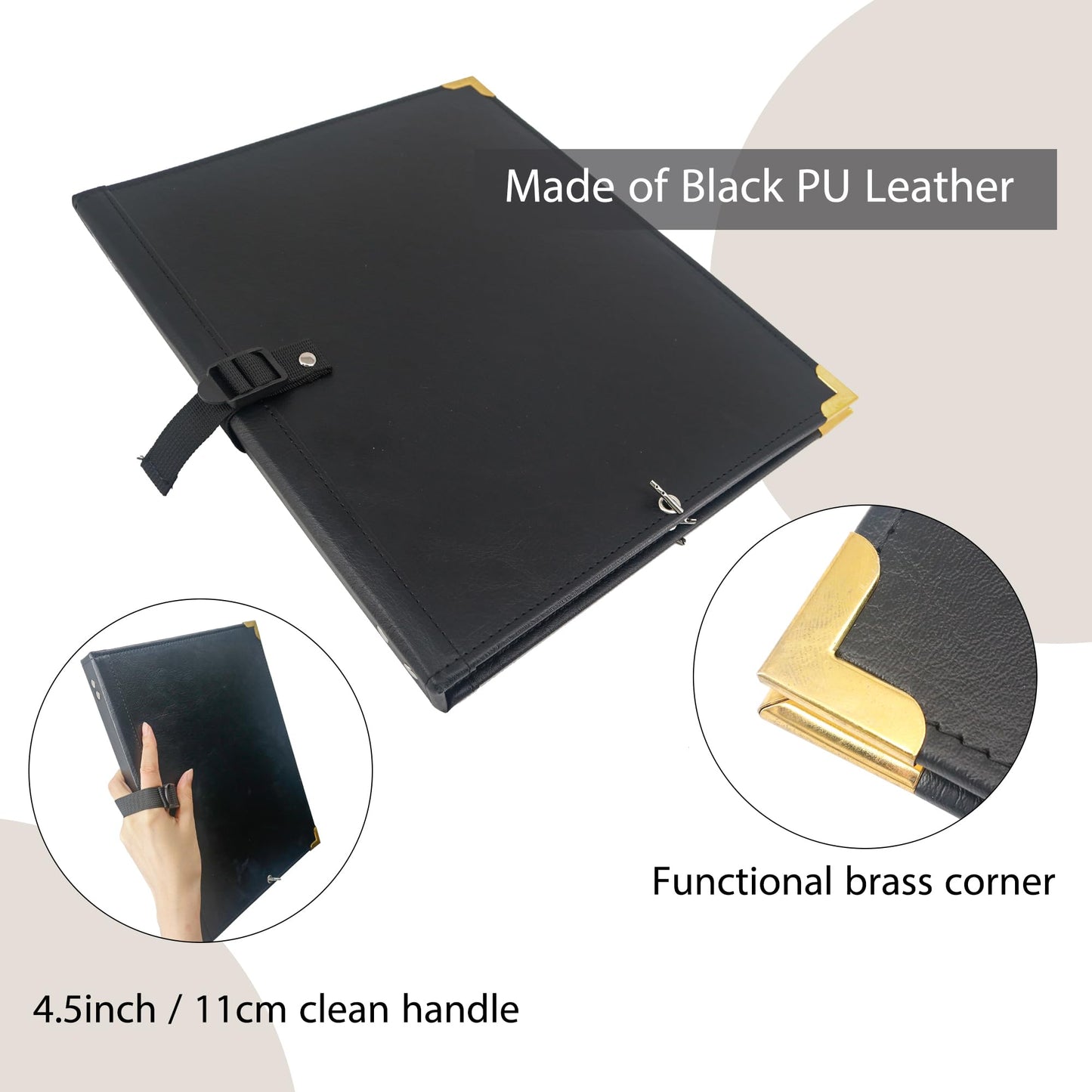 IvyRobes PU Leather Music Folder, 12.5" x 10" Choir Folder with Elastic String & Hand Strap,10 Pockets Fits 8.5" x 11", A4, 9" x 12" Sheets for Piano,Choral & Music Performance Black
