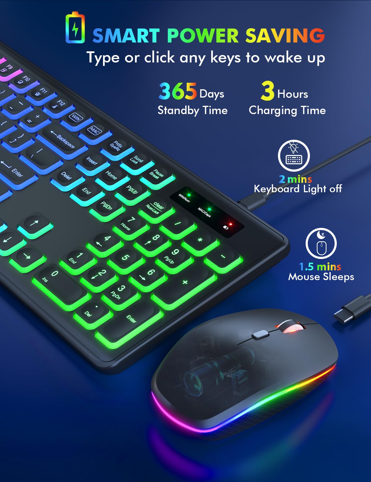 Wireless Keyboard and Mouse Combo - RGB Backlit, Rechargeable & Light Up Letters, Full-Size, Ergonomic Tilt Angle, Sleep Mode, 2.4GHz Quiet Keyboard Mouse for Mac, Windows, Laptop, PC, Trueque (Black)
