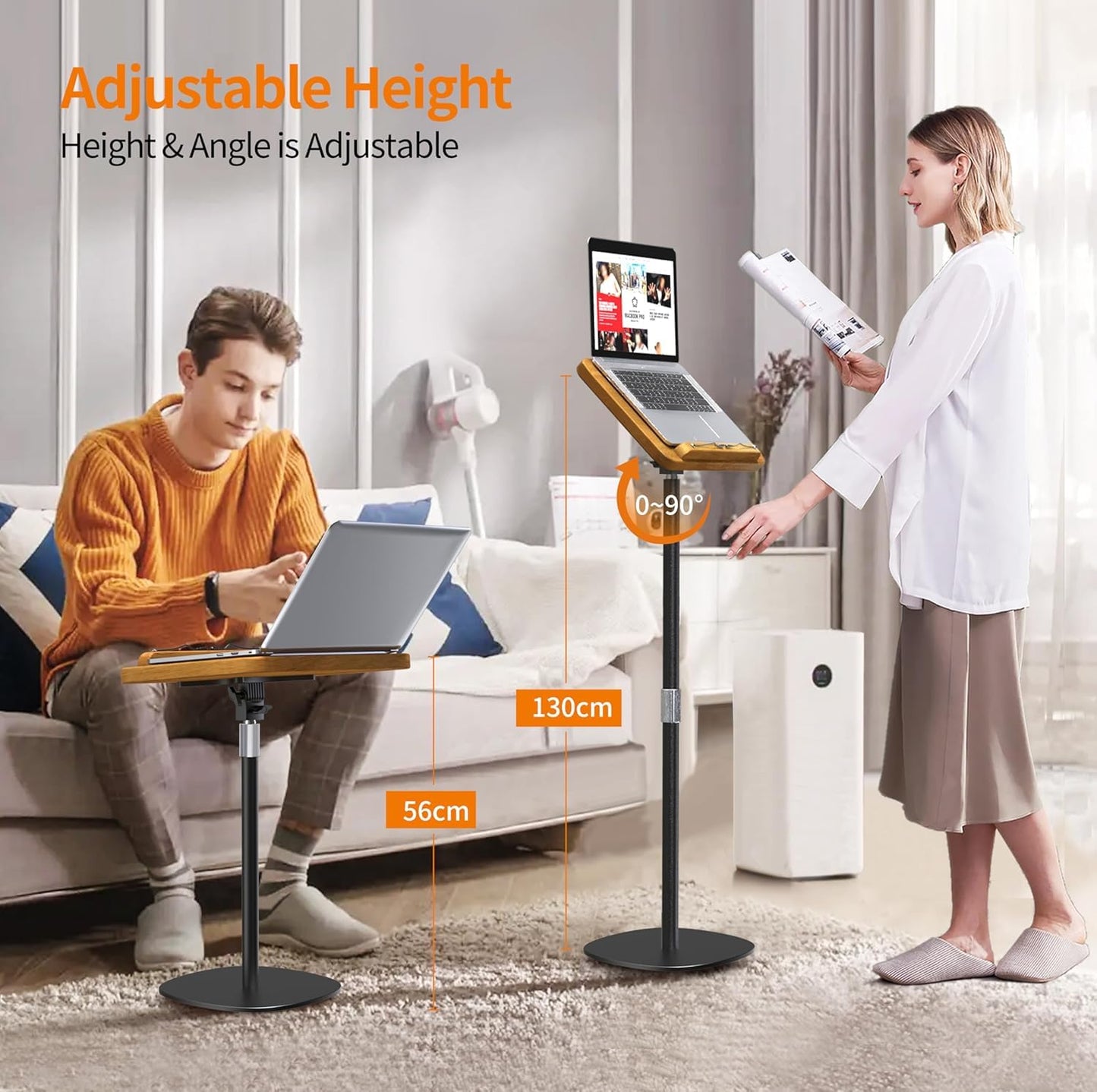 Adjustable Floor Book Stand, Portable Standing Book Stand for Reading, Height Adjustable (56cm-130cm), Wooden Music Stand for Music Sheets, Books, Recipes, Tablets, Laptops