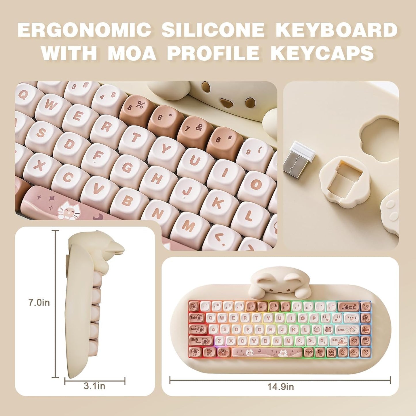 YUNZII C68 Wireless Mechanical Keyboard,65% Layout,Hot Swap,Triple Mode BT5.0/2.4G/Wired, RGB Backlit NKRO,Cute Cat Silicone Ergonomic Design for Win/Mac (Milk Switch,Brown)