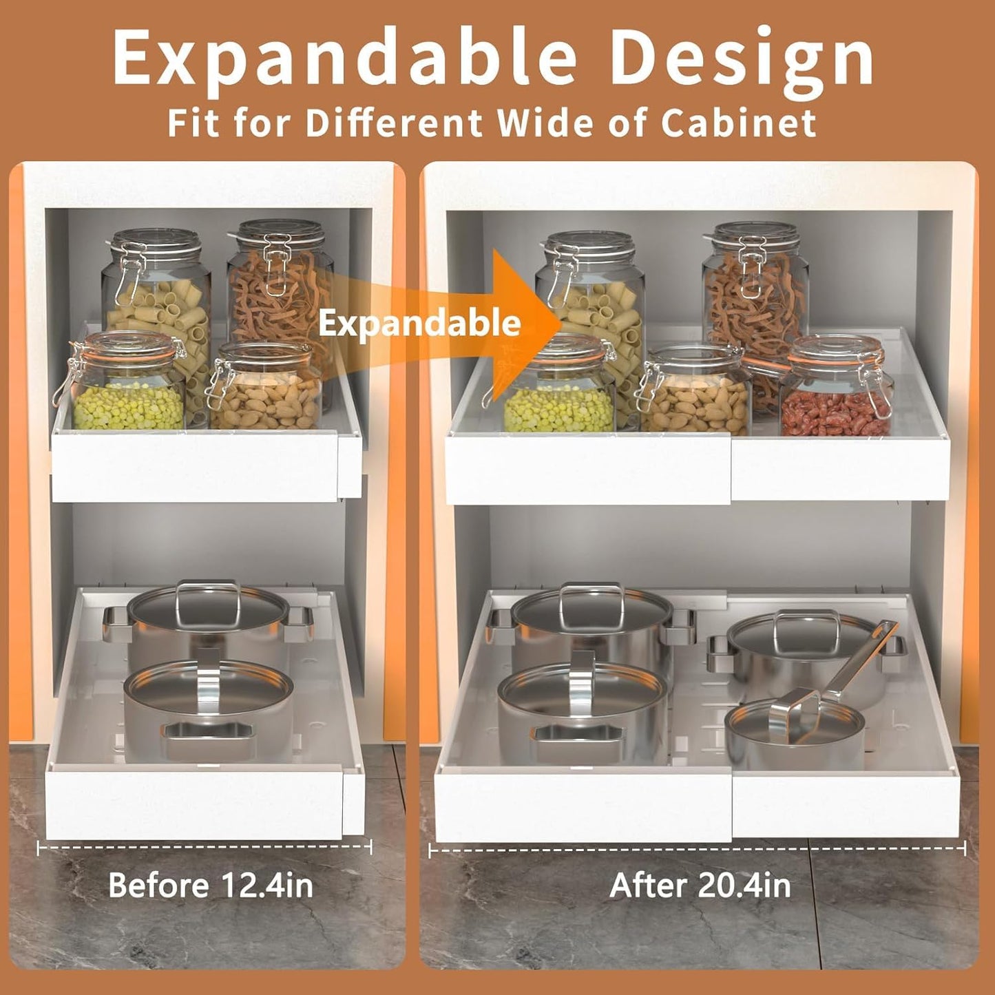 FENGBIAO 2 Pack Expandable Pull Out Cabinet Organizer 21" Deep, Upgrade 3 Slide Rails Slide Out Drawers for Kitchen Cabinets, No Drill Roll Out Shelves Adhesive, Adjustable Width 12.4"-20.4" White