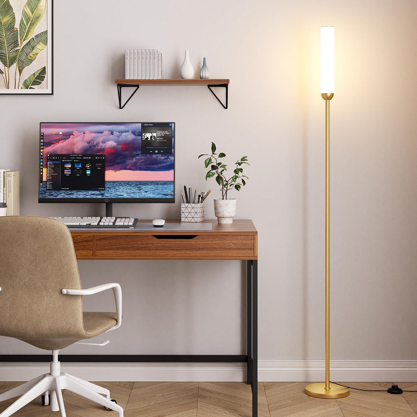 Ambimall 65'' Remote-Controlled LED Floor Lamp, 3000K-6500K Stepless Colors Temperature Adjustable, 5%-100% Dimmable Brightness, Foot Switch, Bright Floor Lamps for Living Room（Gold）
