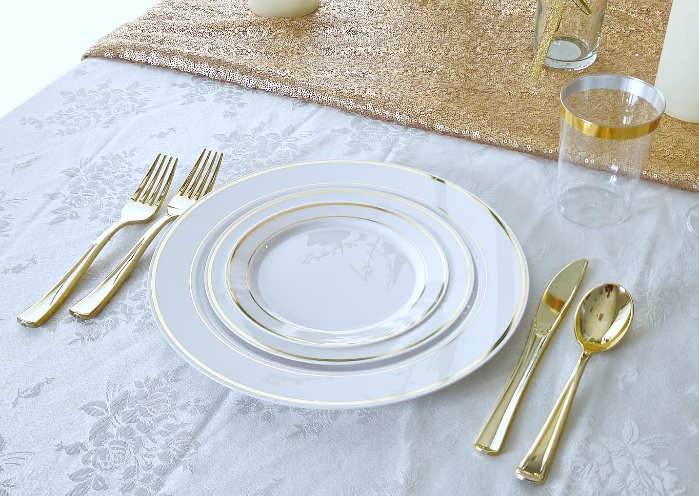 OCCASIONS 50 Plates Pack (25 Guests)-Heavyweight Wedding Party Disposable Plastic Plate Set -25 x 10.5 inch Dinner + 25 x 7.5 inch Salad/Dessert plates (White & Gold Rim)