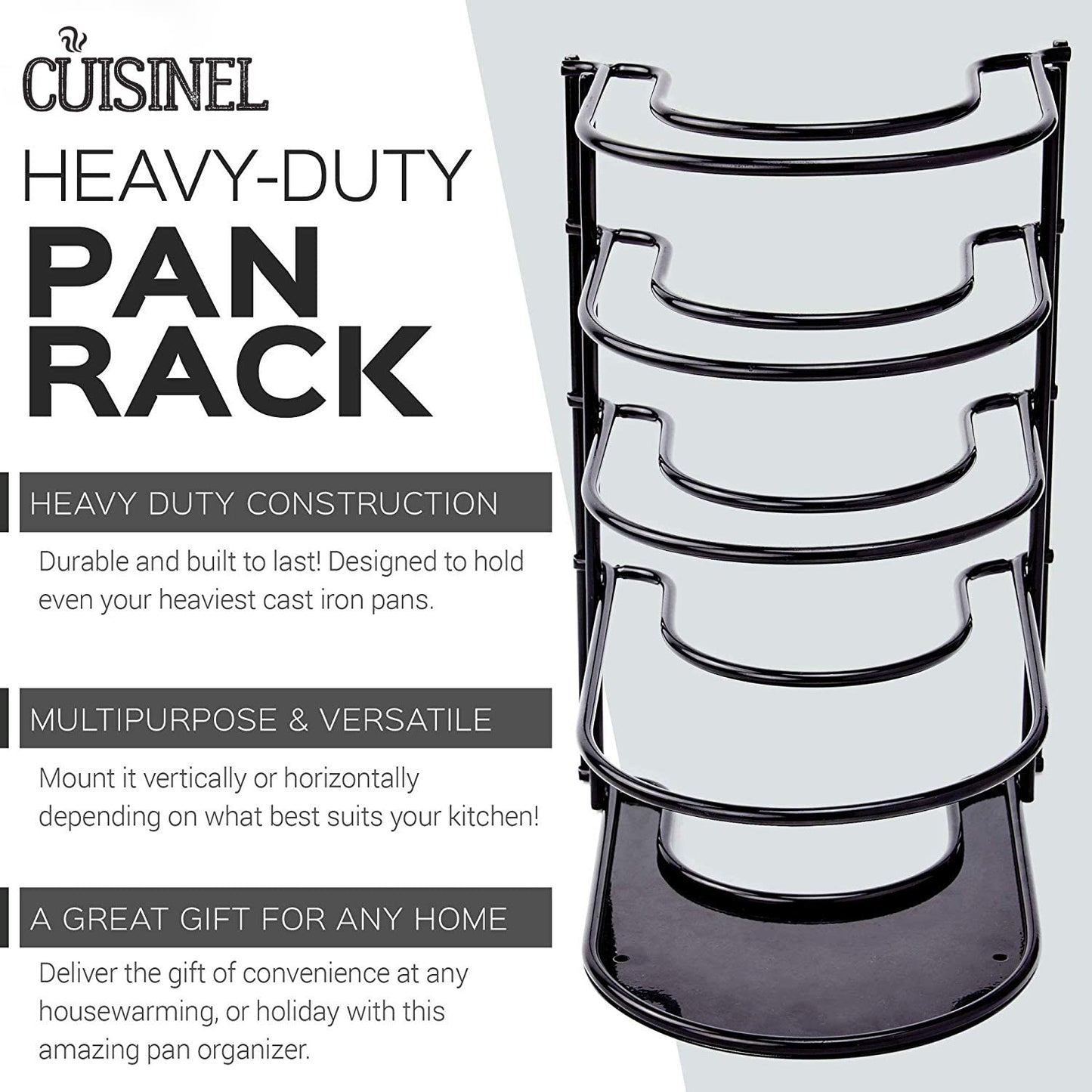 Heavy Duty Pan Organizer, 5 Tier Rack - Holds up to 50 LB - For Cast Iron Skillets, Griddles, Pots - Durable Steel Construction - Space Saving Kitchen Storage - No Assembly Required - Black 12.2-Inch