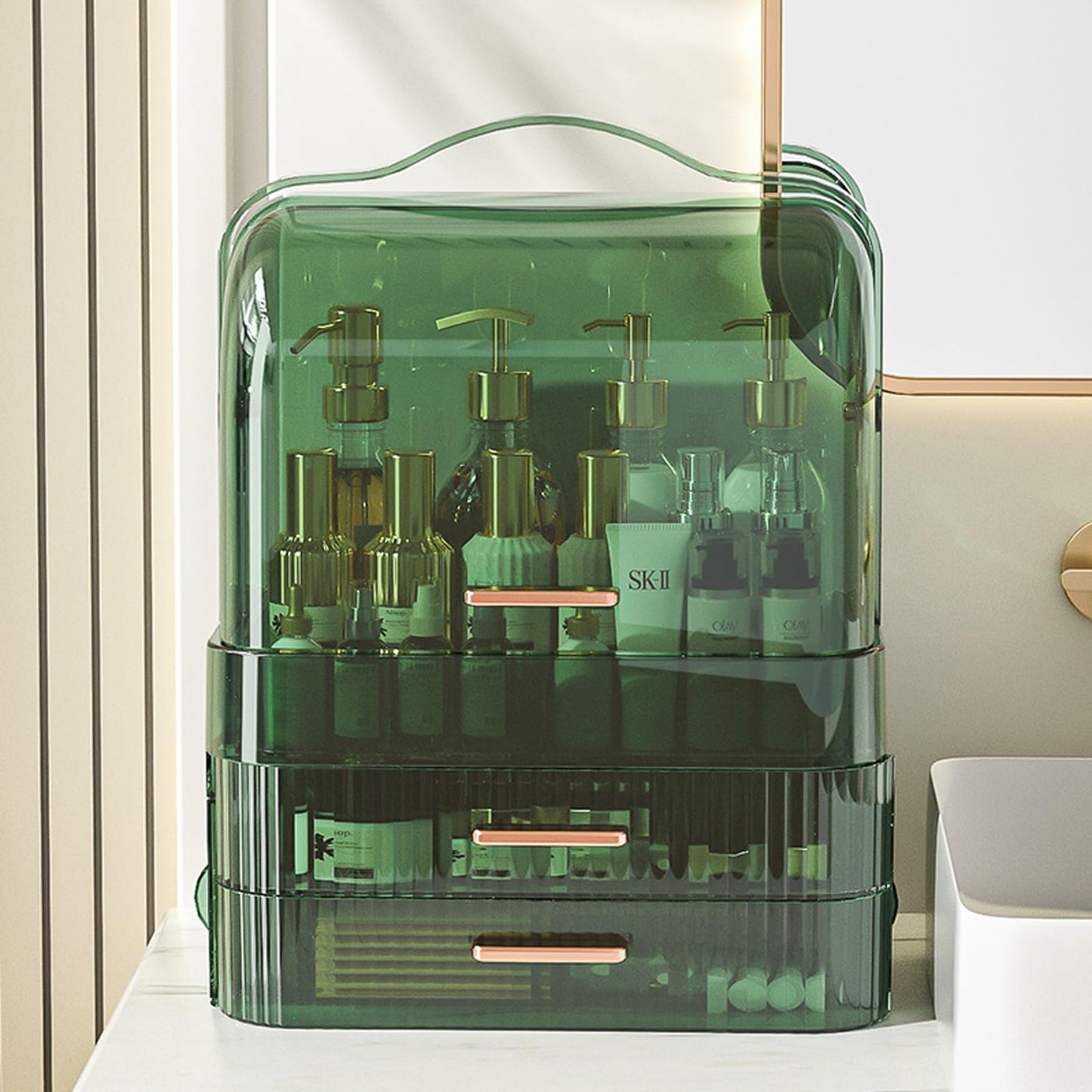 LINFIDITE Cosmetics Storage Box Transparent Lid Large Makeup Organizer Box Drawers Portable Handle Waterproof Dustproof Skincare Display Cases for Countertop, Bathroom, Dresser,Gift Clear Green
