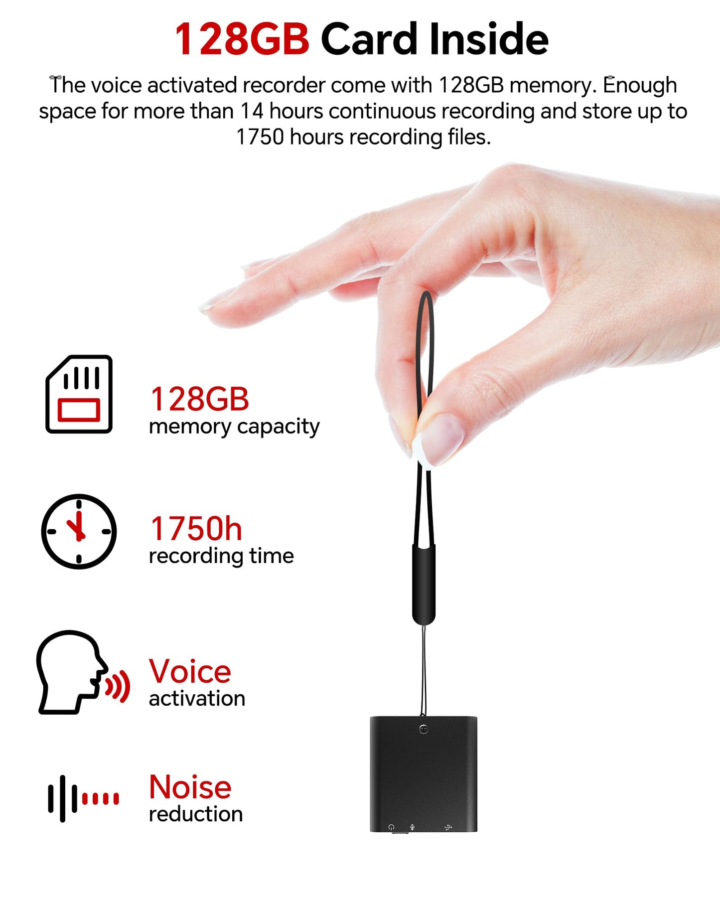 128GB Digital Voice Recorder, Rechargeable Audio Voice Activated Recorder – Perfect for Recording Lectures, Meetings, Conversation and Interviews，MicroSD Card (Black)