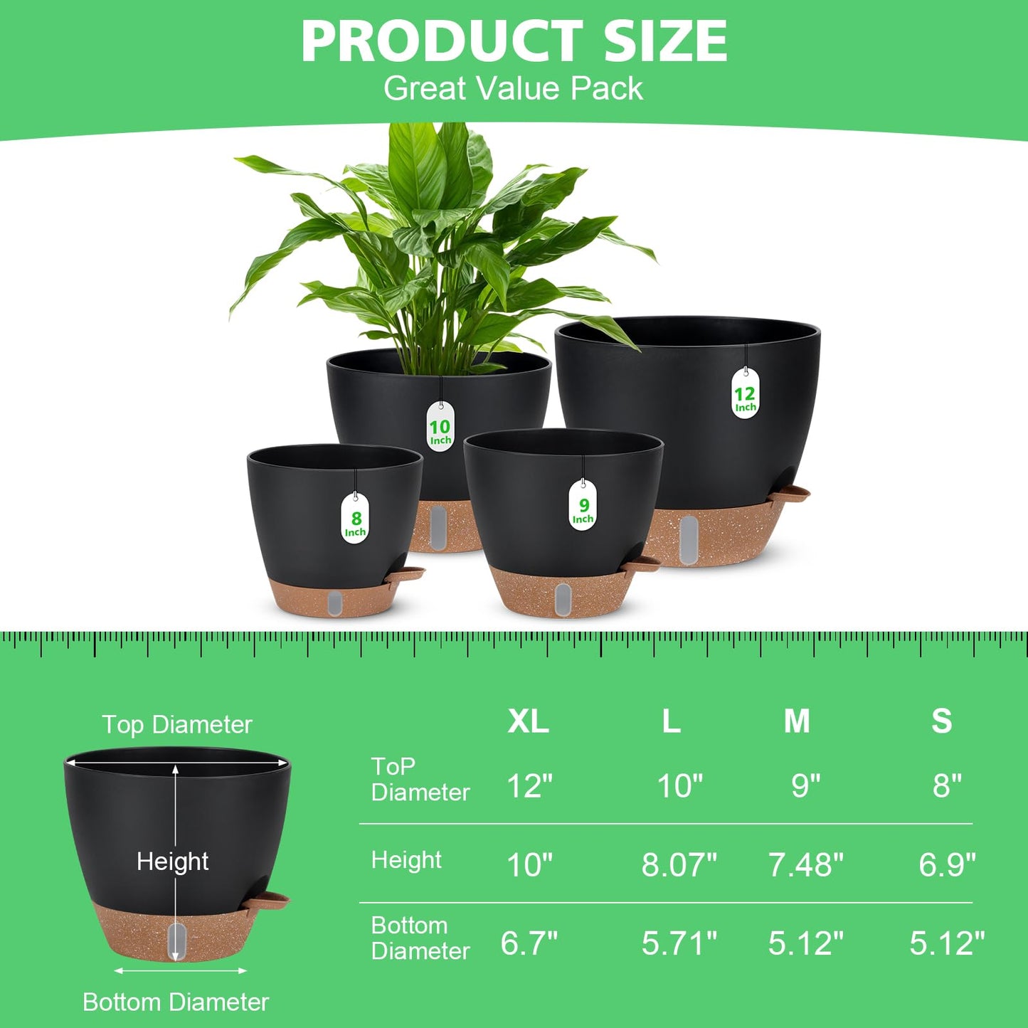 12" 10" 9" 8" Self Watering Pots with Water Level Indicator, Large Plastic Planters Set with Mesh Drainage Hole and Removable Saucer Reservoir, Big Flower Pot for Indoor Outdoor Plants - Black