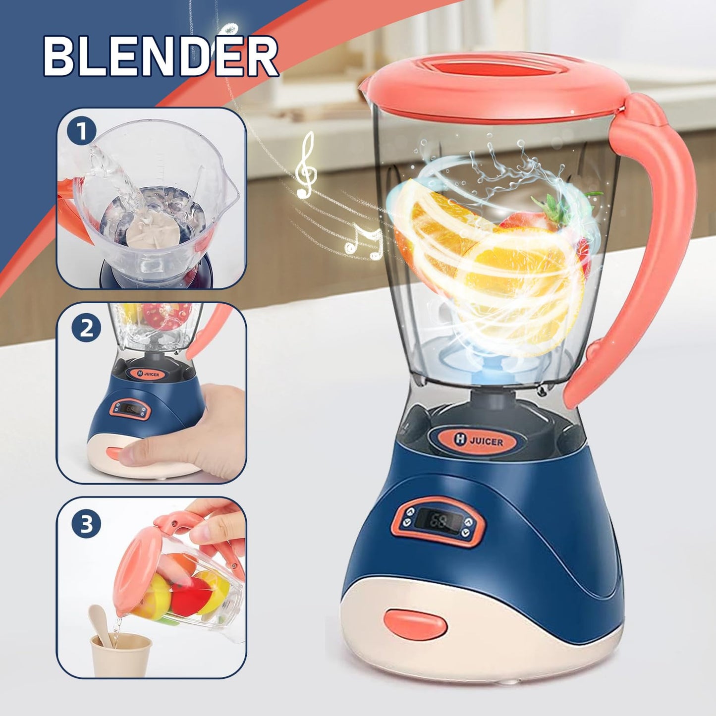 Blue Kids Assorted Kitchen Appliance Play Toys Includes Coffee Maker ,Blender,Fruit Machine and Toaster ,Apron and Cups,with Realistic Lights& Sounds,Learning Gift for Toddlers Baby Girls Boys