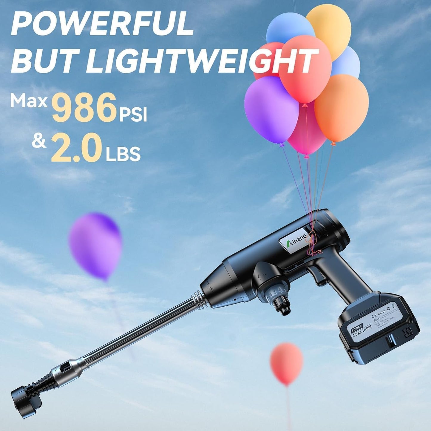 Aihand Cordless Pressure Washer, 986PSI Portable Power Cleaner with 2*4.0Ah Batteries, 6-IN-1/0-180° Nozzles, 3 Faucet Adapters, Handheld High-Pressure Car Washer for Fences/Patios, Charger Included