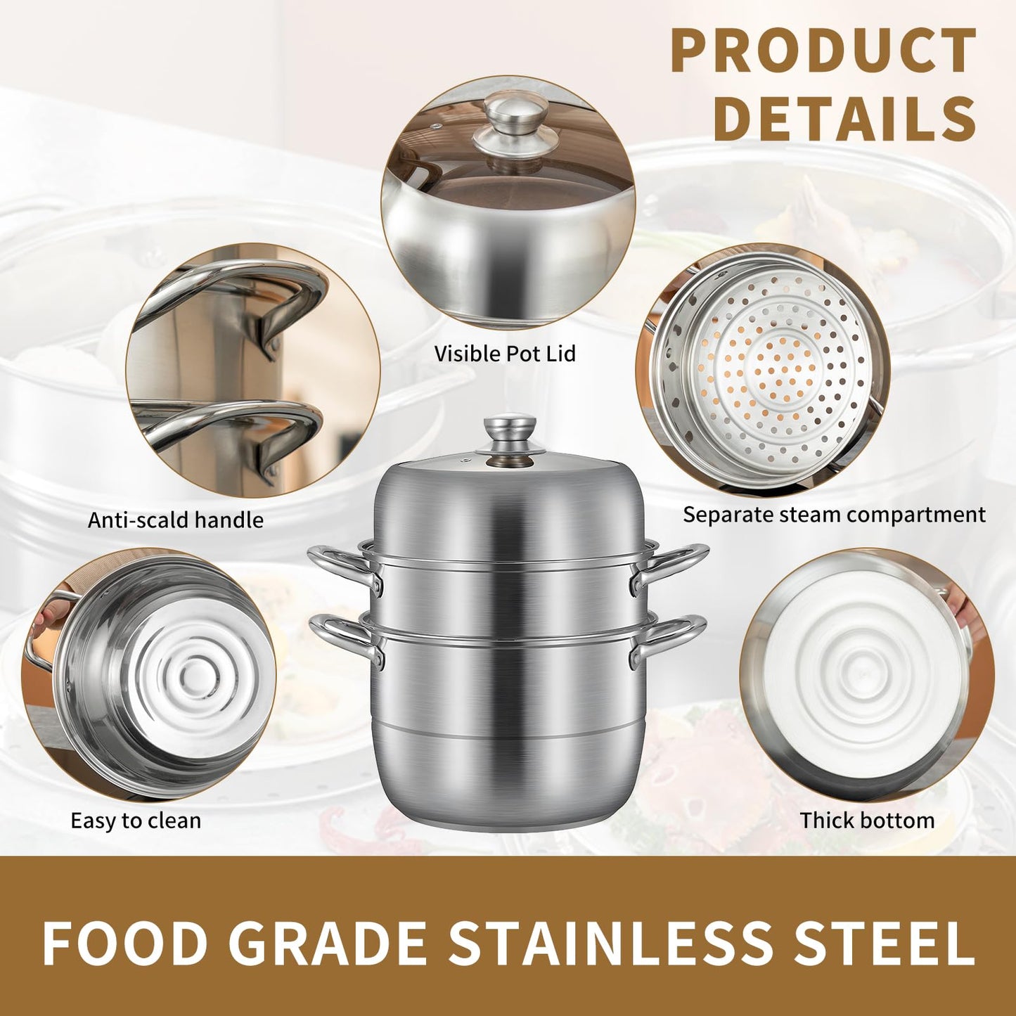 3-Tier Steamer Dia 30cm/11.81" Stainless Steel Boiler Pot with Tempered Glass Lid Steamer Pot with Handles on Both Sides Work with Gas, Electric, Grill Stove Top